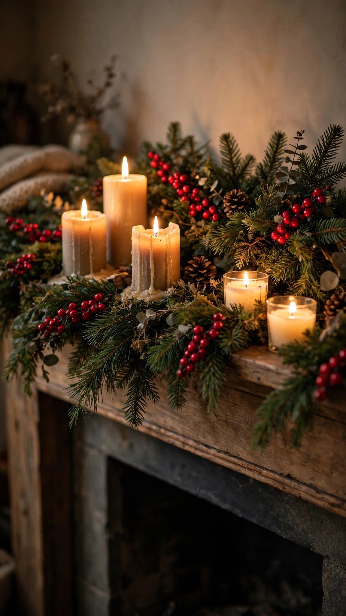 Christmas mantel garland with red berries and evergreen branches