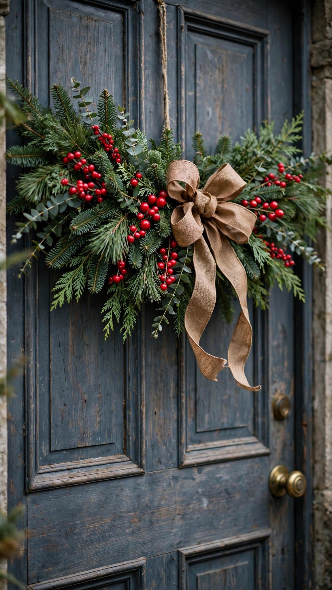 Evergreen swag decorated with red berry picks and a bow