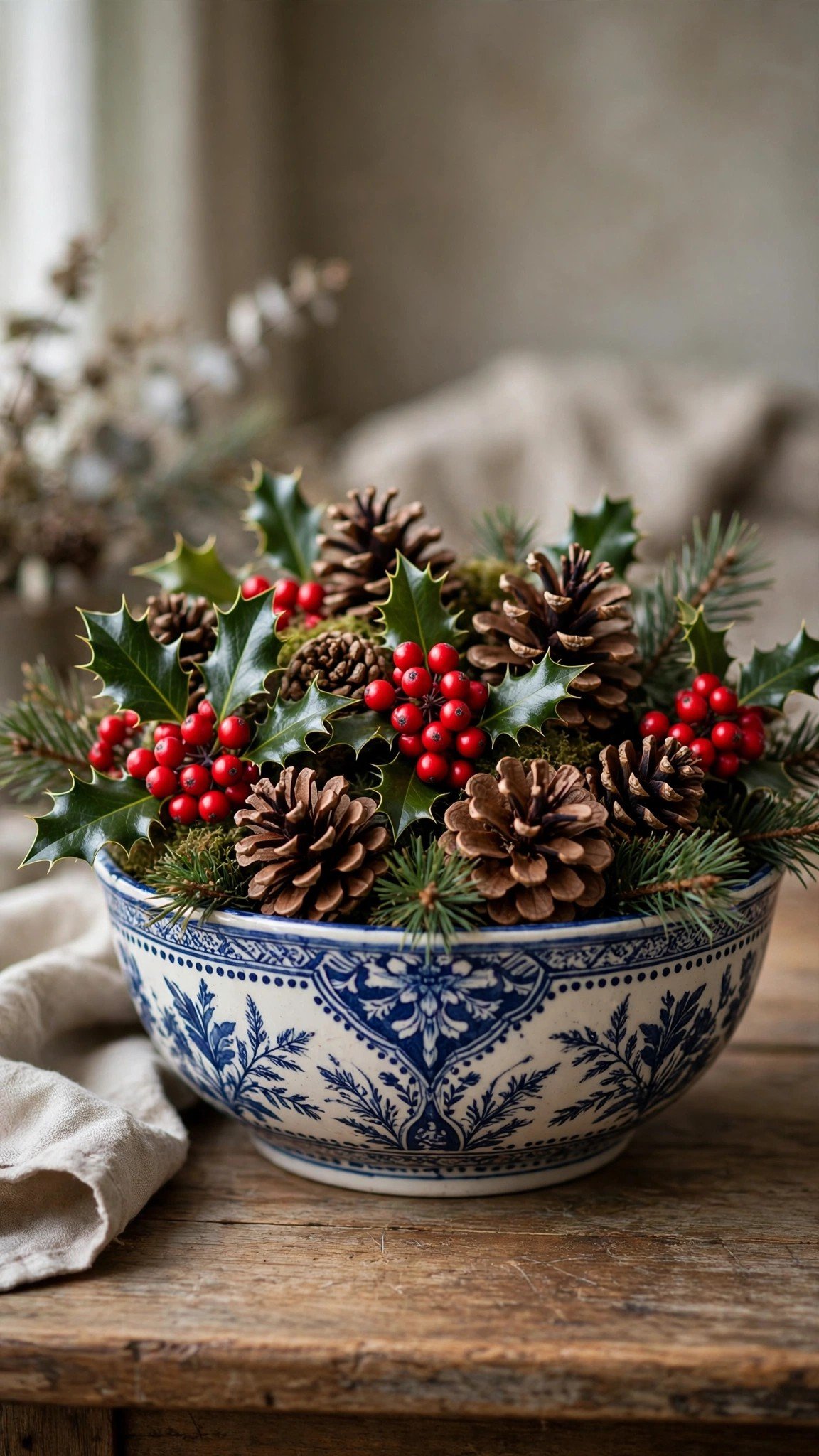 Decorative bowl filled with holly berries and pinecones on a table
