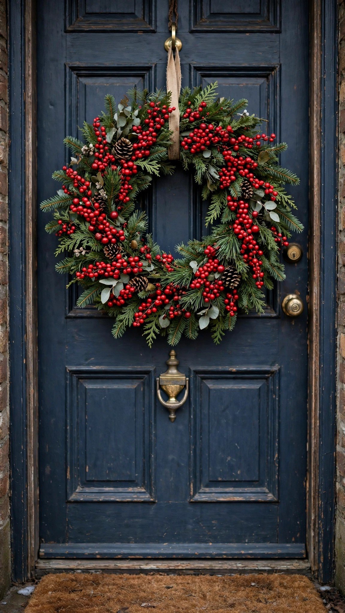 Red berry Christmas wreath hanging on a front door
