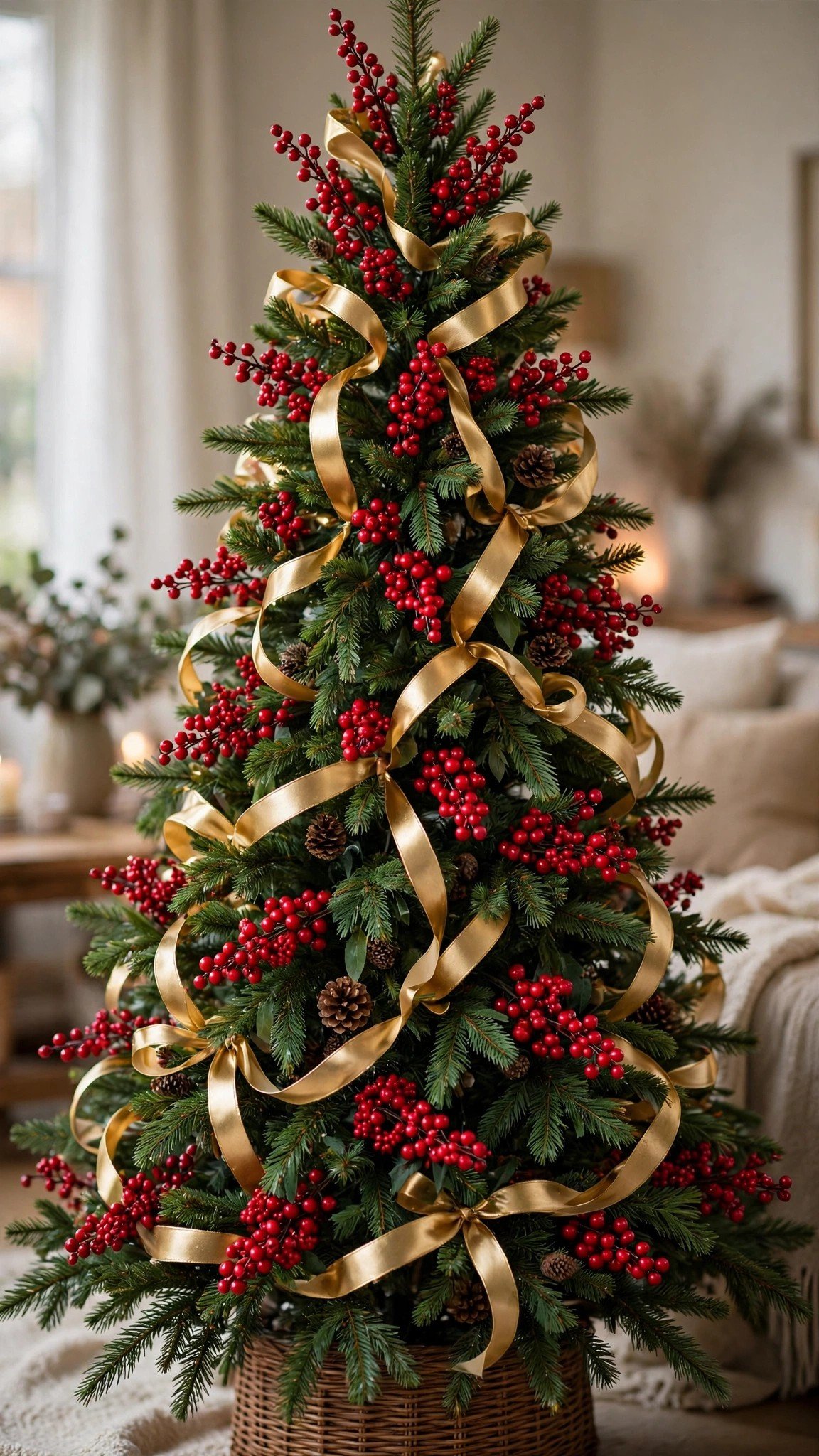 Christmas tree decorated with red berry clusters and gold ribbon
