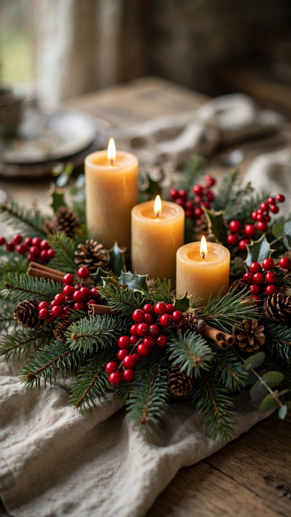 Holiday table centerpiece with red berries, candles and evergreen branches