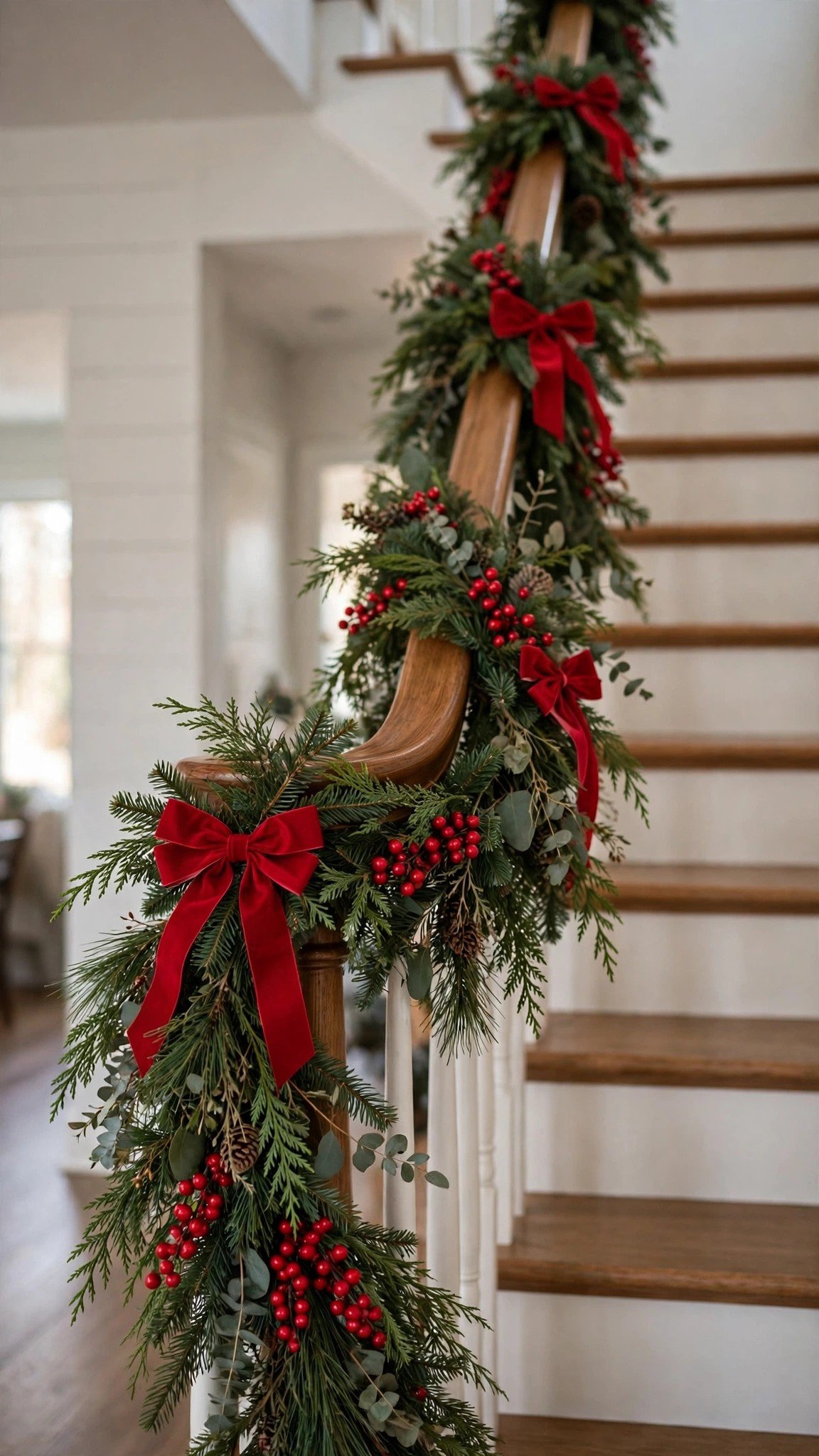 Staircase banister wrapped in evergreen garland with red berries