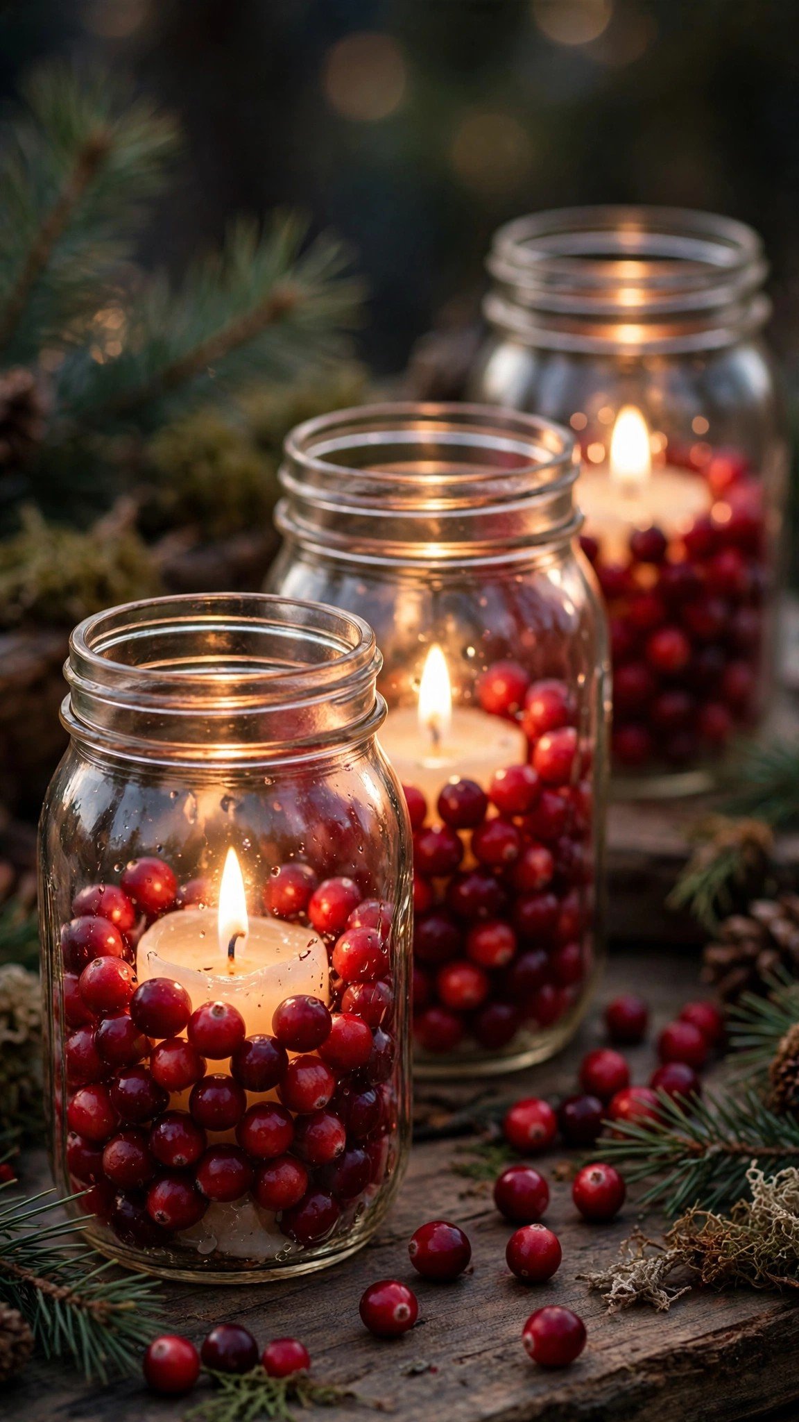Mason jar luminaries filled with red berries and a glowing candle