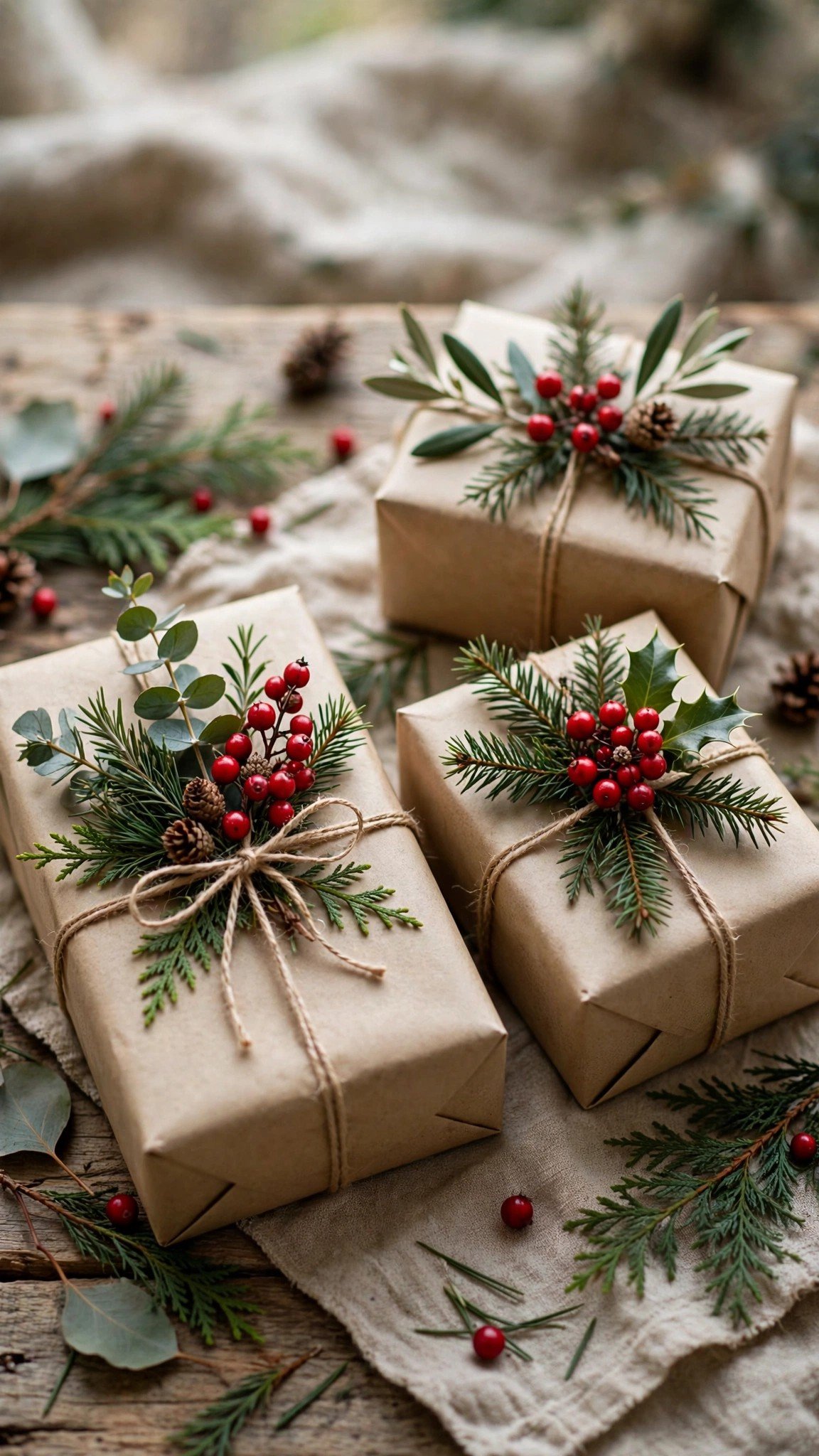 Christmas gifts wrapped in kraft paper topped with berry sprigs