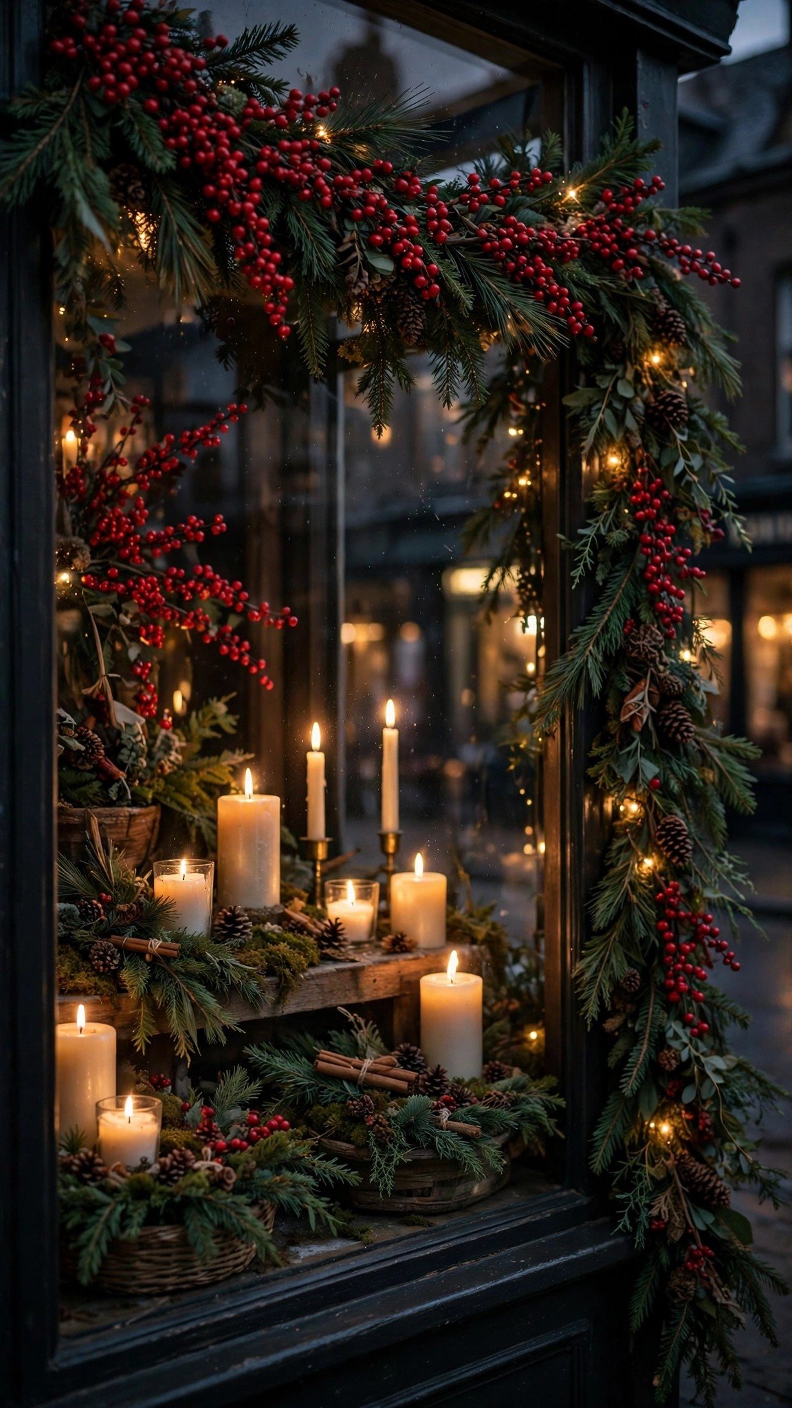 Window display with red berries, candles and evergreen swags