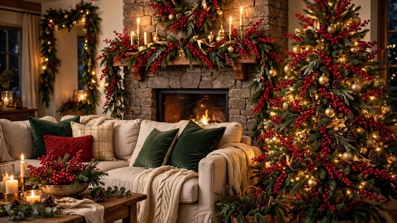 Cozy Christmas living room decorated with red berries and evergreen garlands
