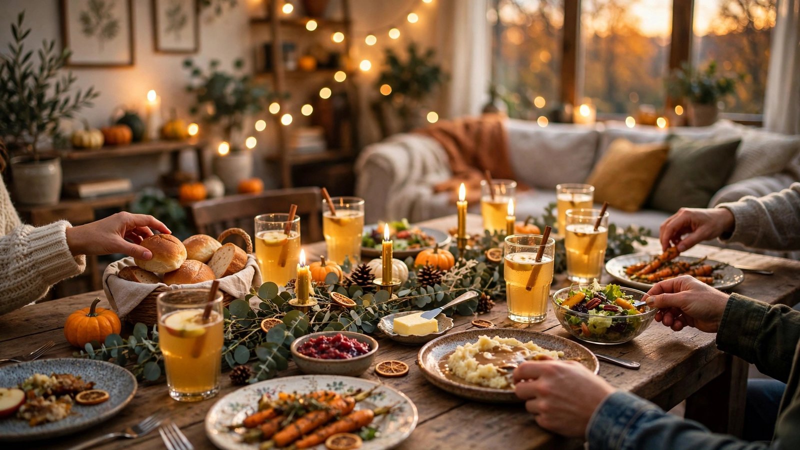 Budget Friendsgiving party table with candles and fall decor