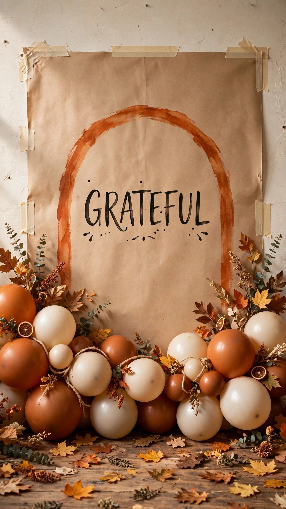DIY kraft paper Friendsgiving photo backdrop with balloon garland