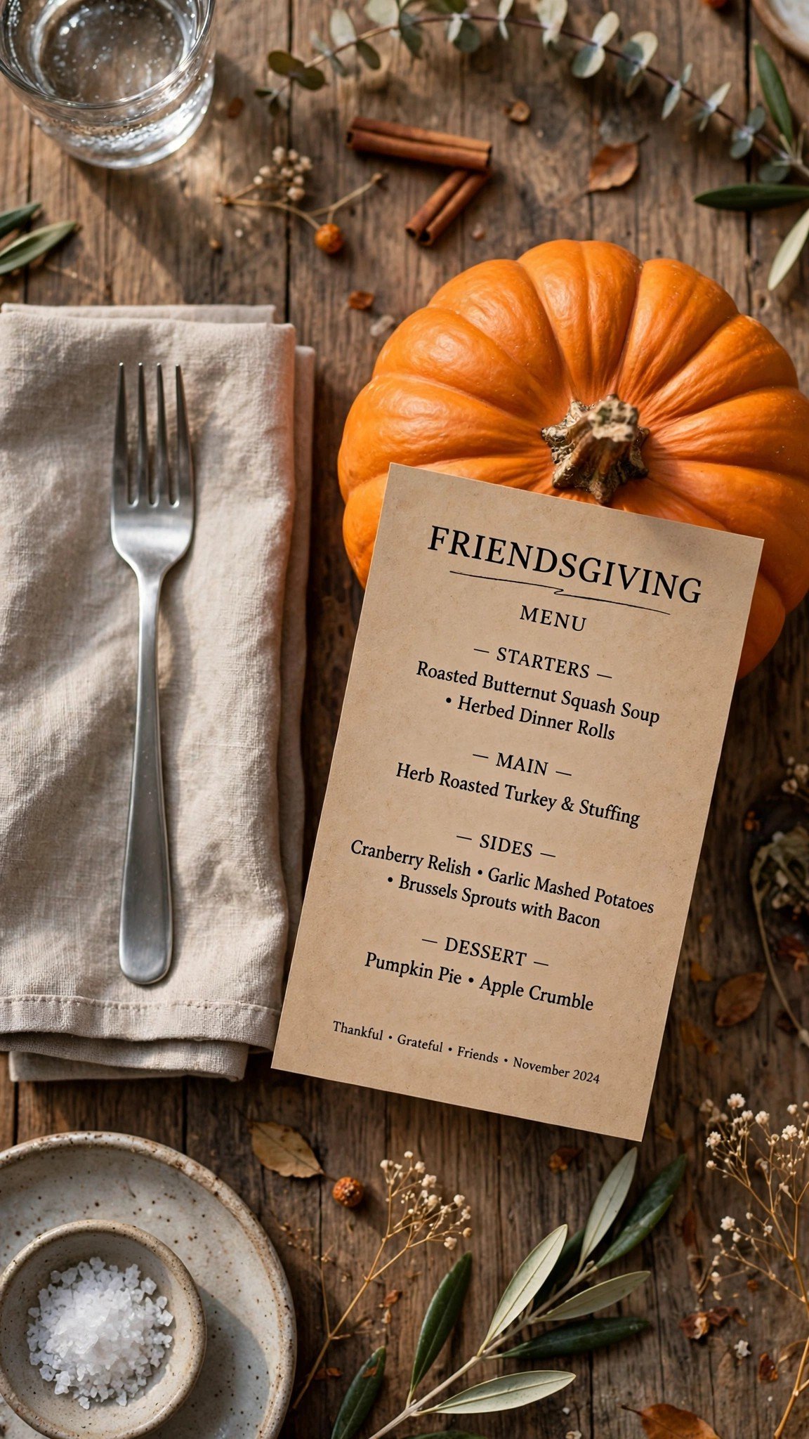 Printed kraft paper menu card on a Friendsgiving place setting