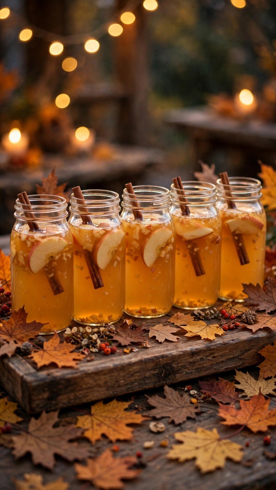 Mason jars filled with apple cider as Friendsgiving drink glasses