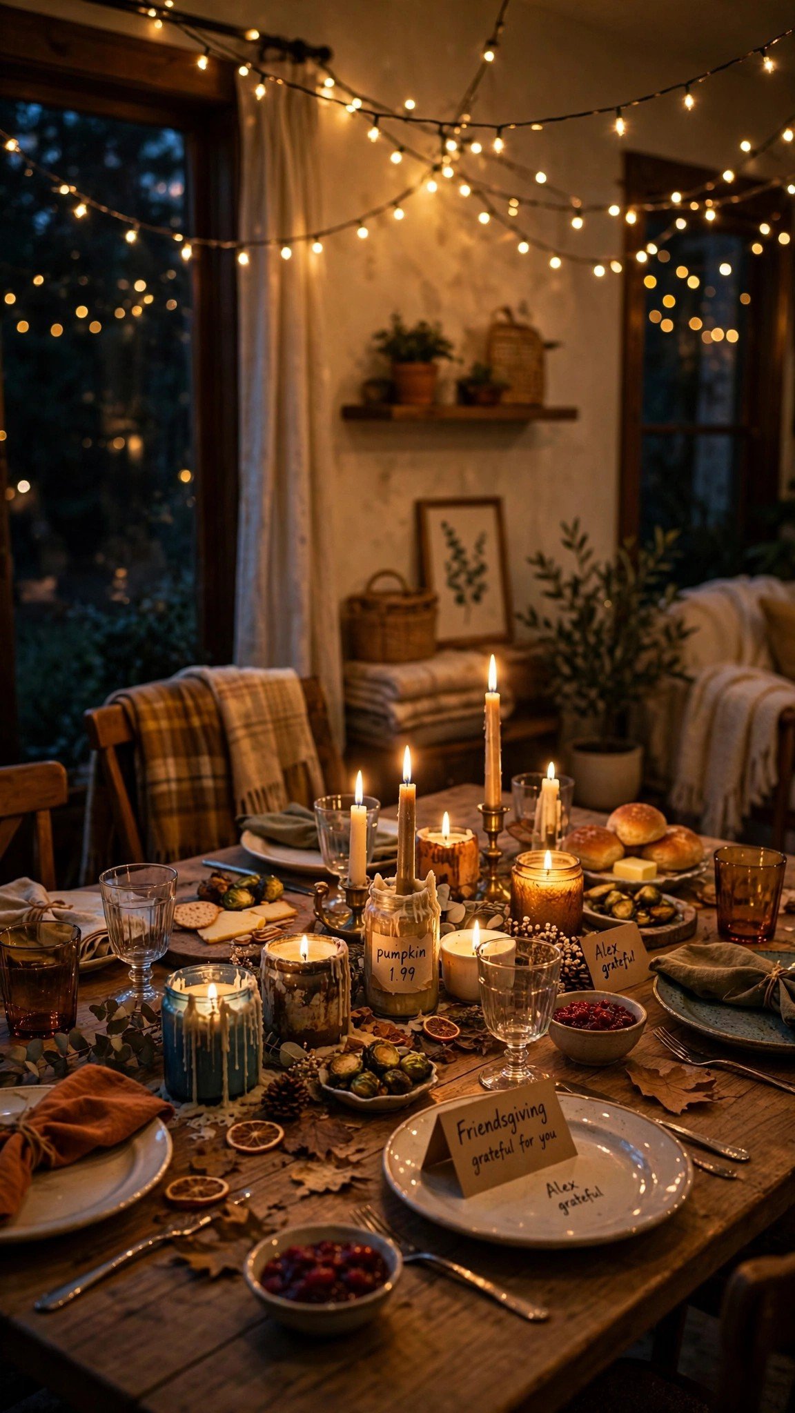 Friendsgiving party room lit with candles and string lights