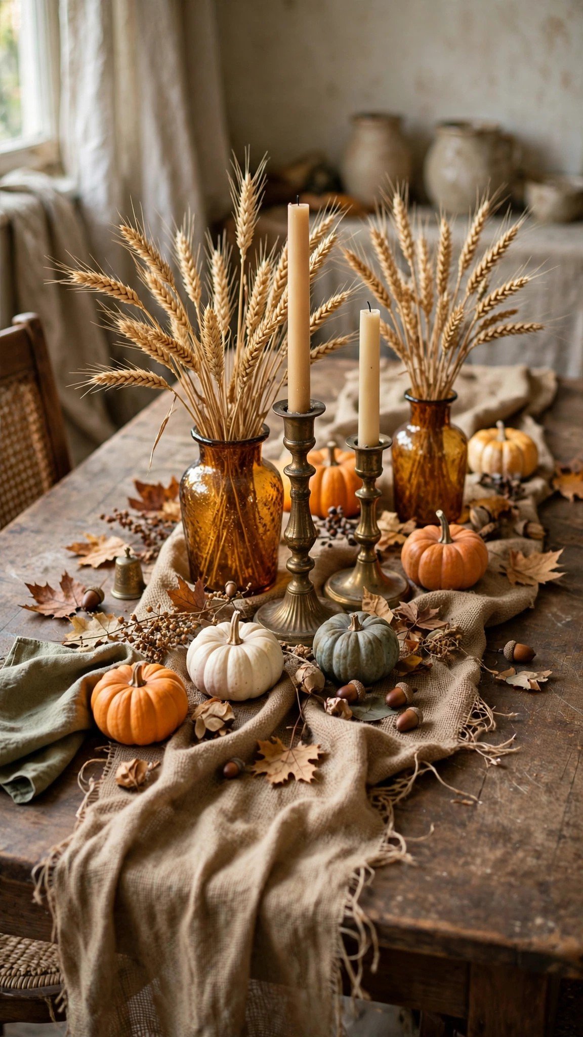 Thrifted brass and amber glass fall centerpiece runner