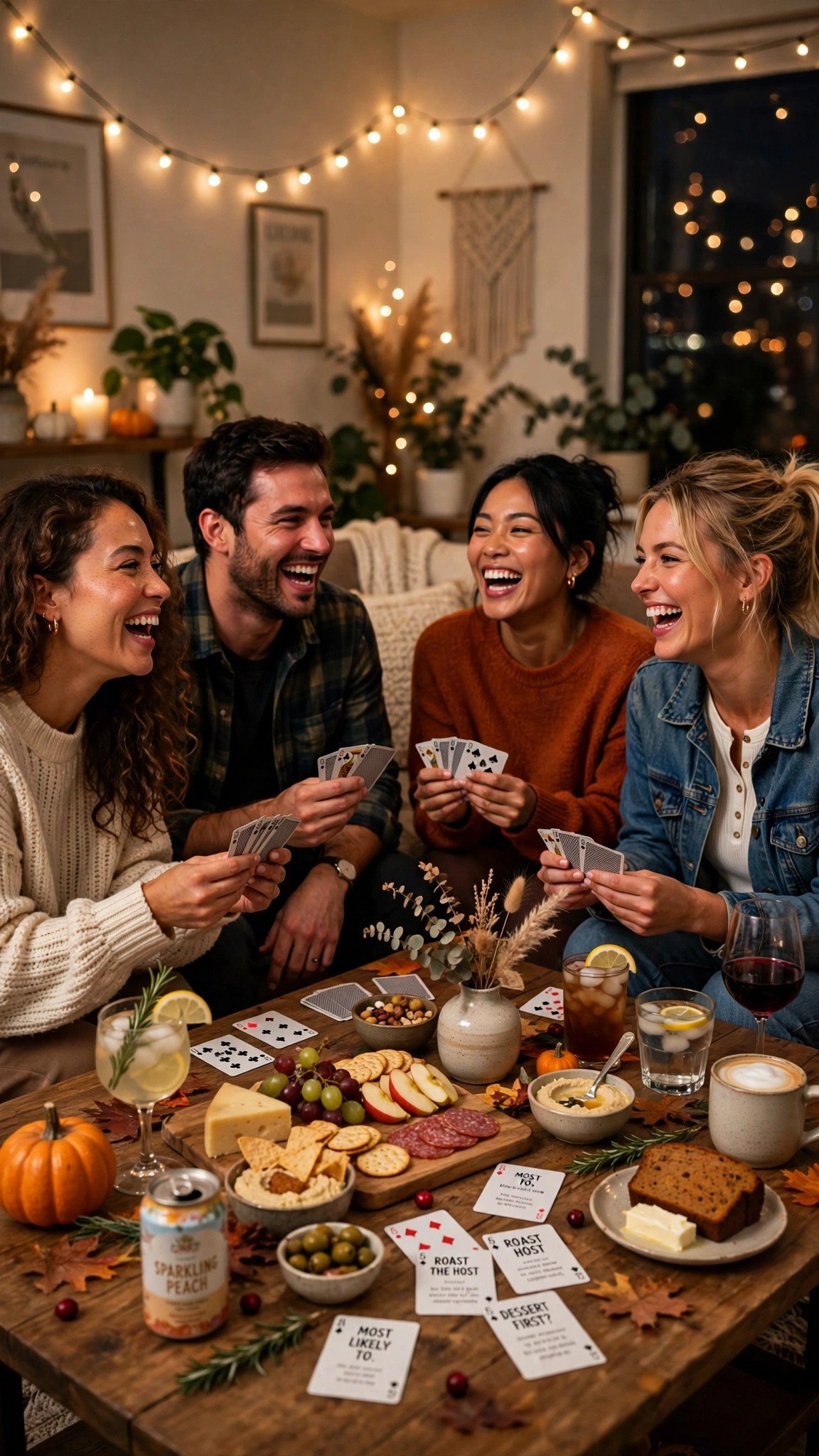Friends playing card games at a Friendsgiving party