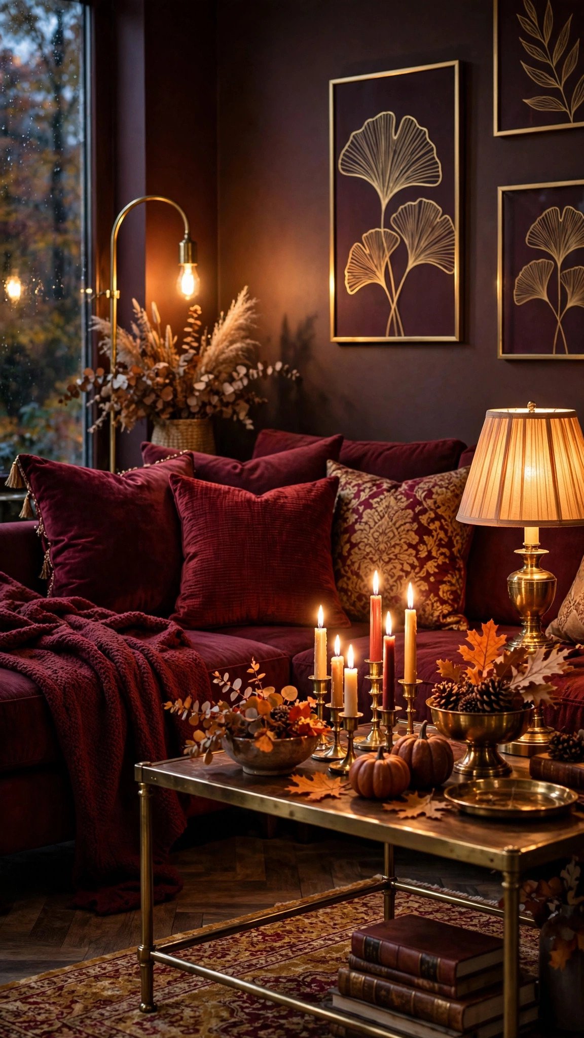 Evening living room with burgundy accents, gold decor and warm candlelight glow