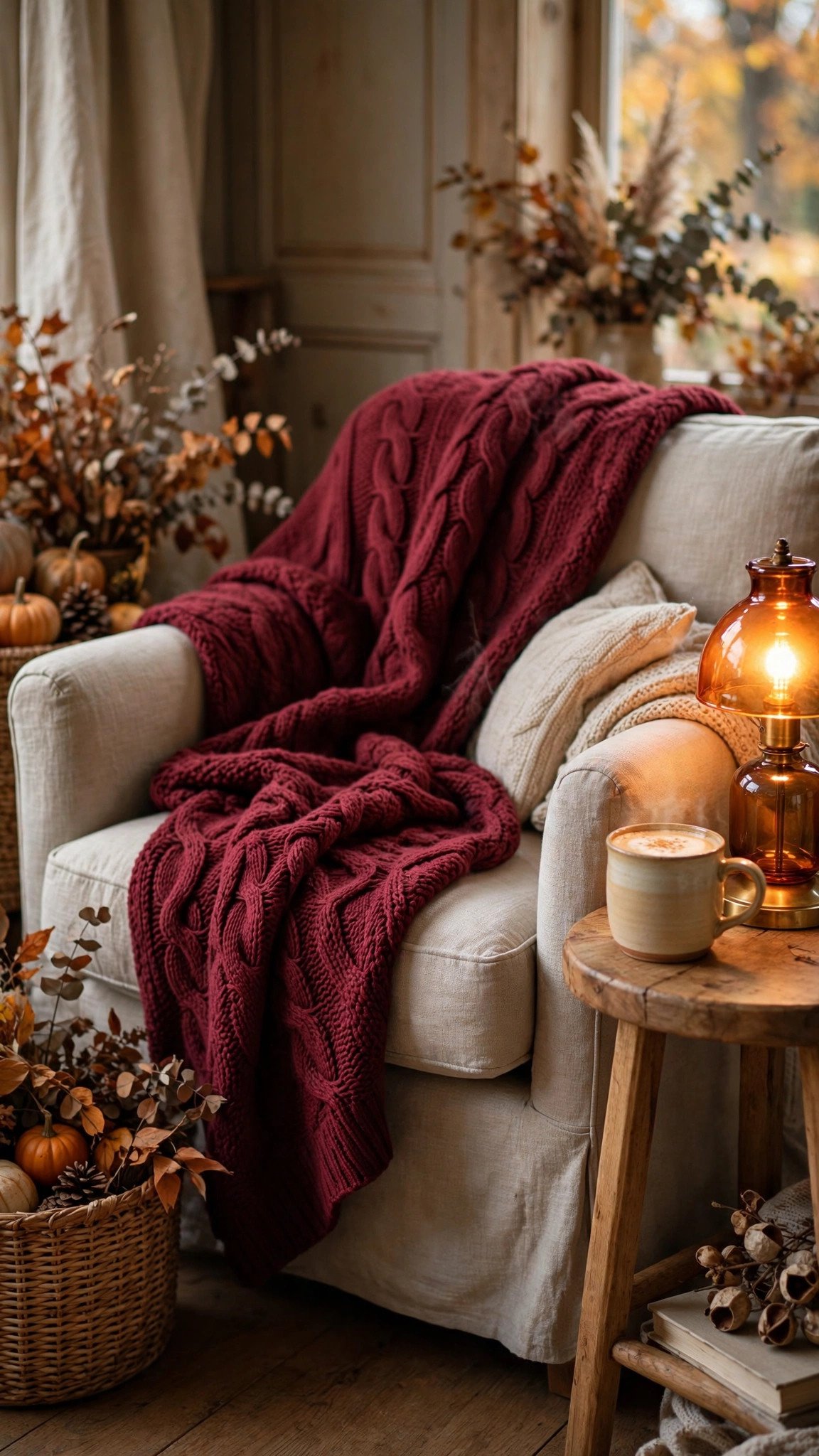 Armchair draped with a wine-red burgundy throw blanket beside a fall side table
