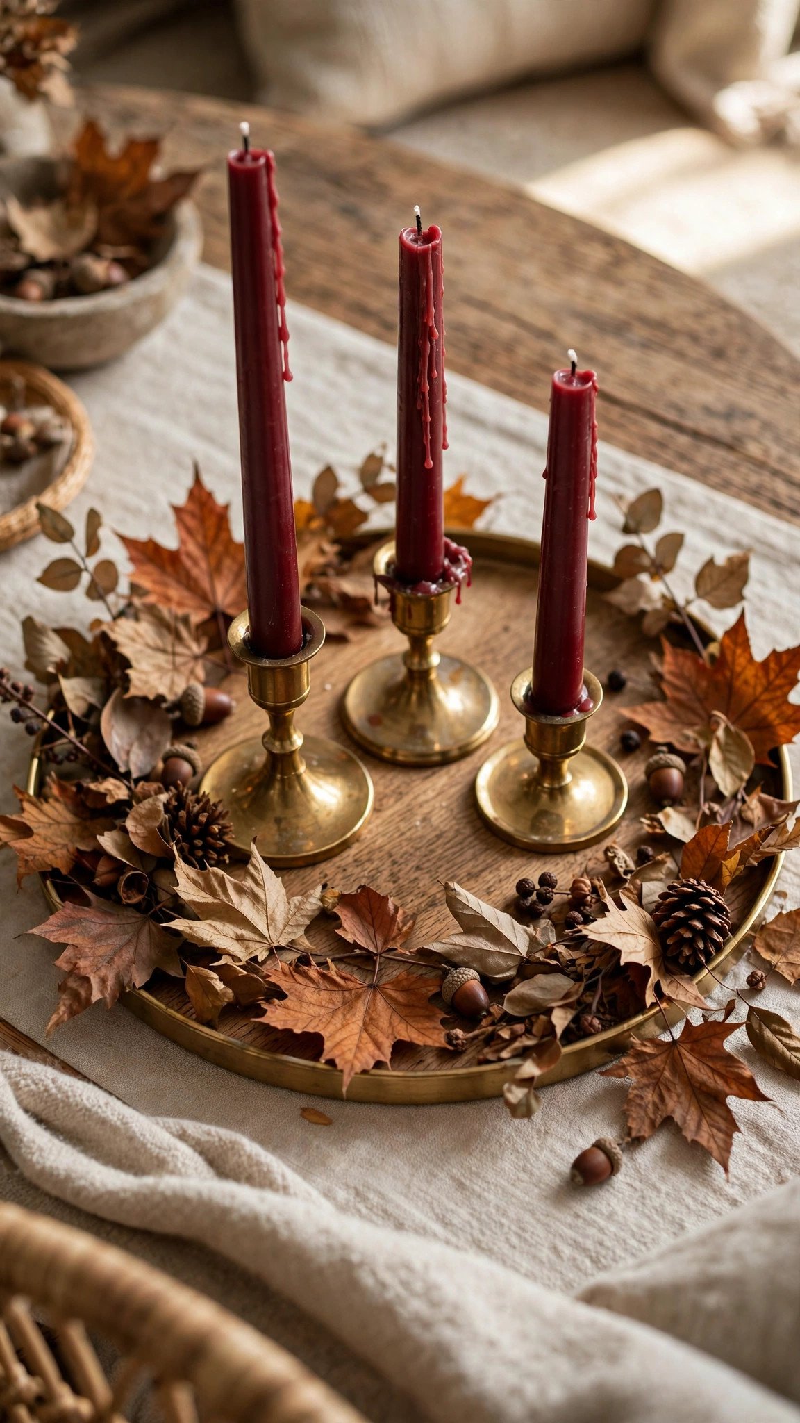 Coffee table styled with burgundy taper candles, brass holders and autumn leaves
