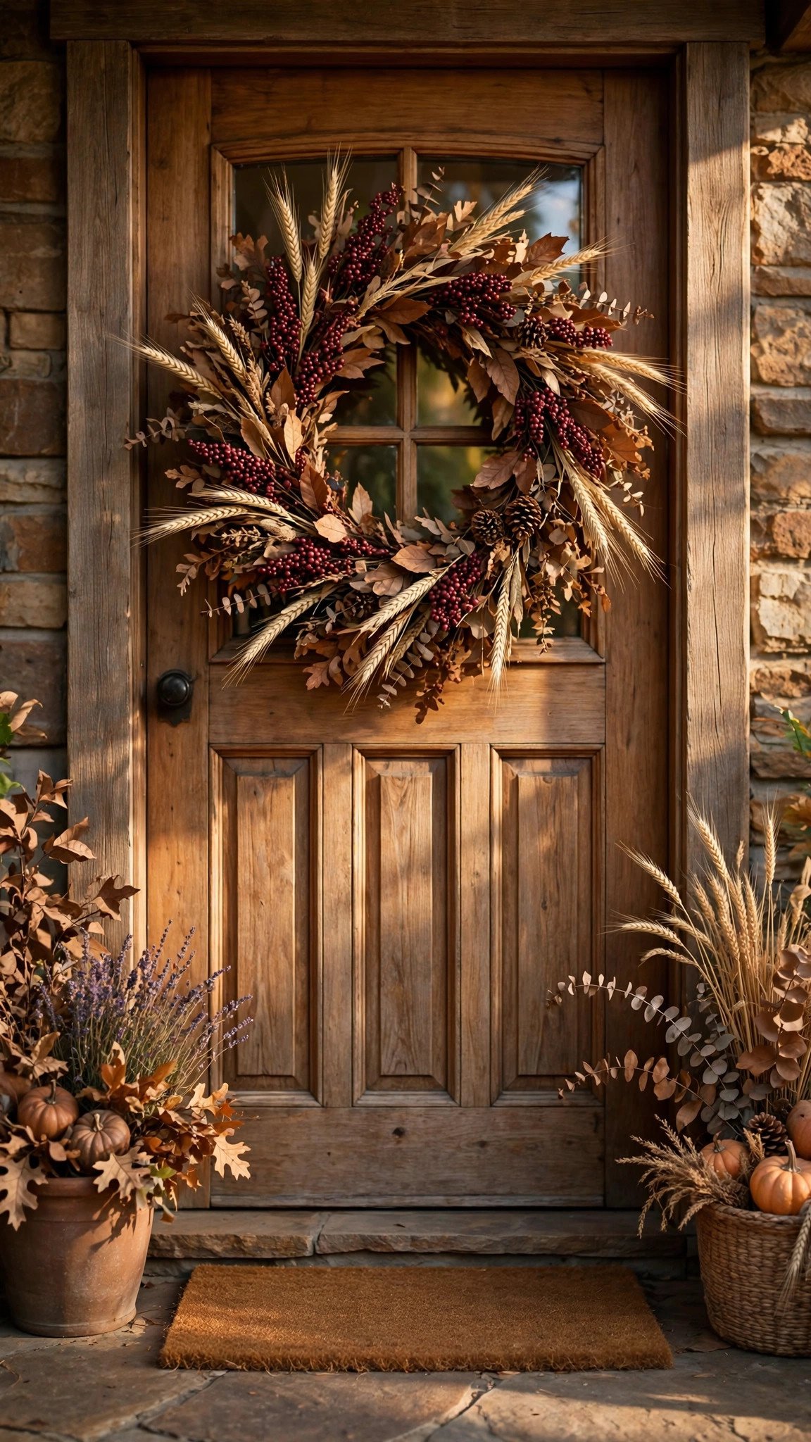 Front door wreath of burgundy berries, dried wheat and fall leaves