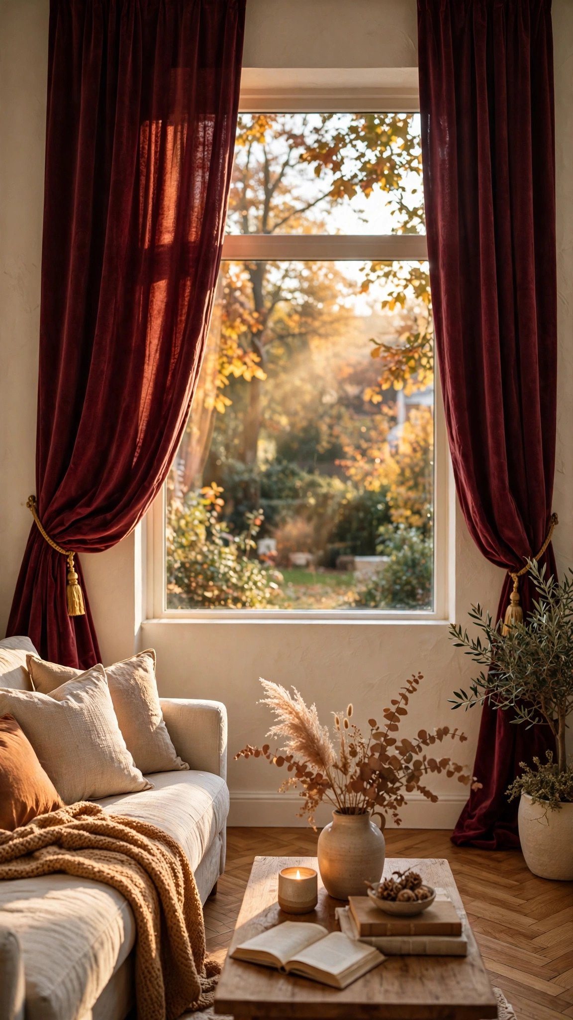 Living room with rich burgundy velvet curtains framing a window with fall light