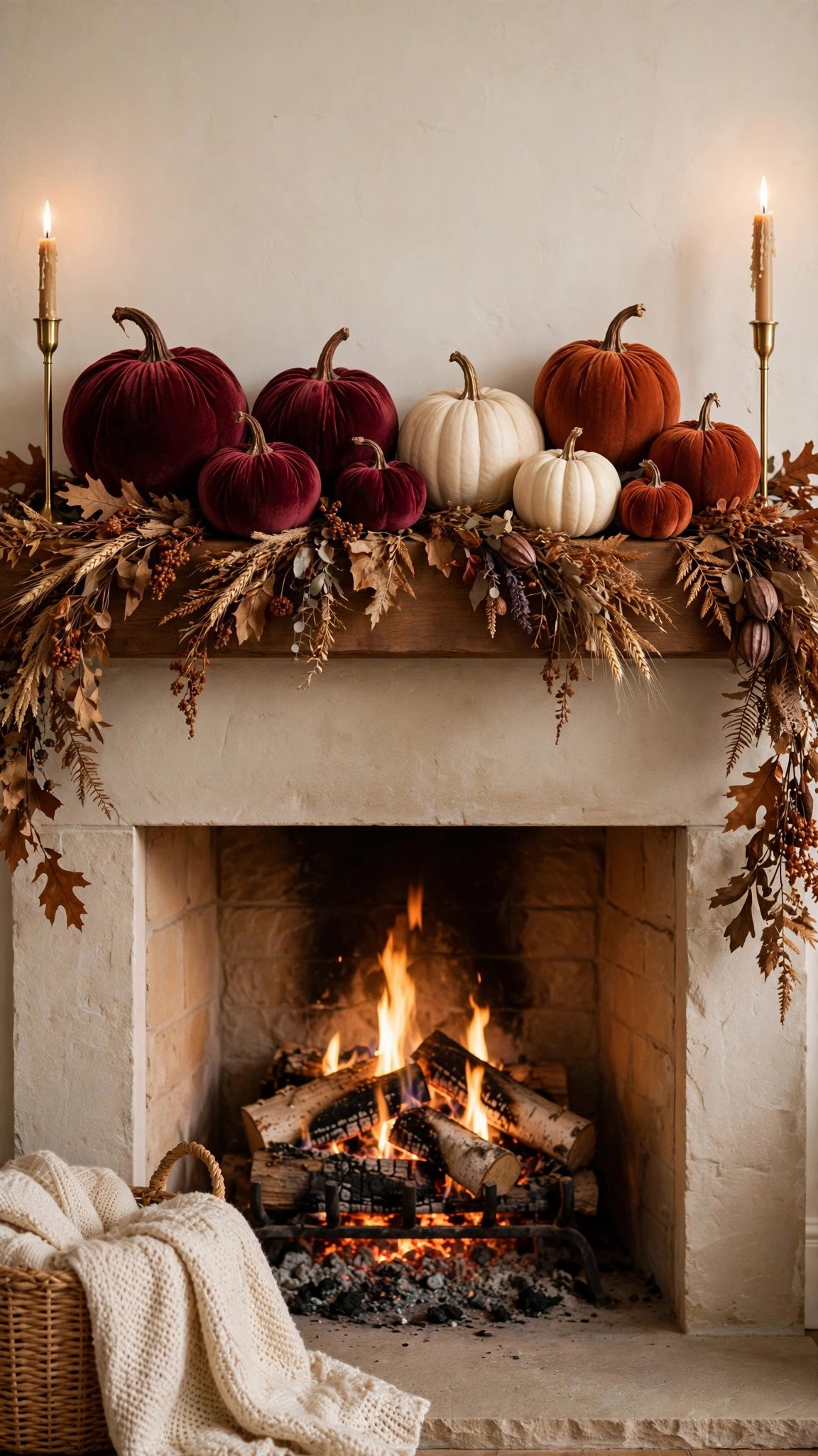 Fireplace mantel decorated with burgundy velvet pumpkins, candles and garland