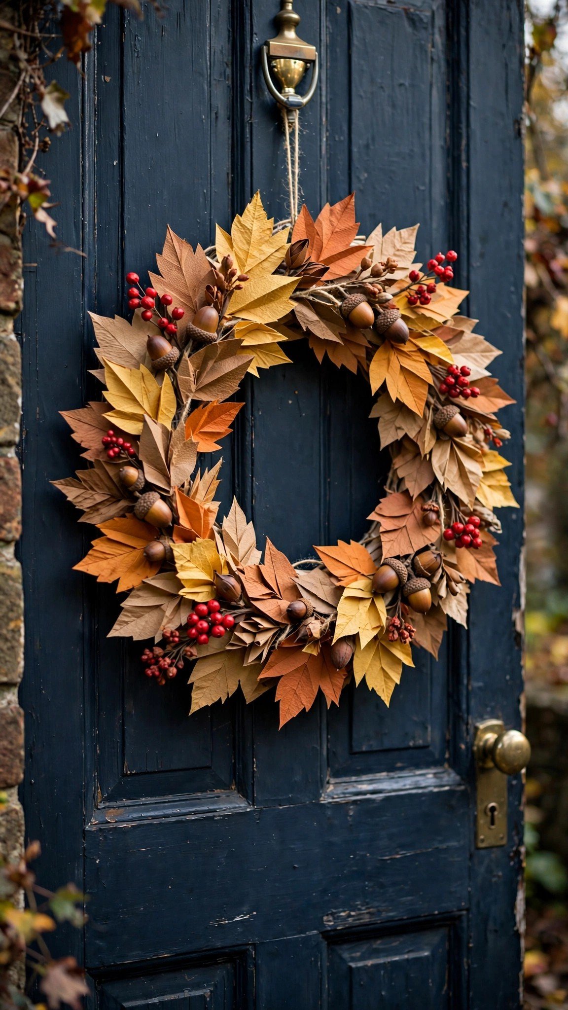 Autumn wreath with Cricut-cut paper leaves and acorns