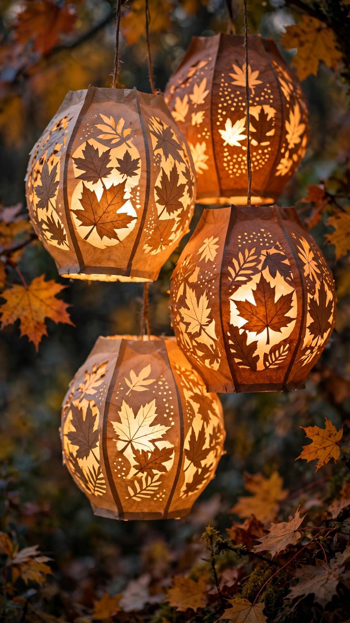 Fall paper lanterns with cut leaf patterns glowing with LED lights