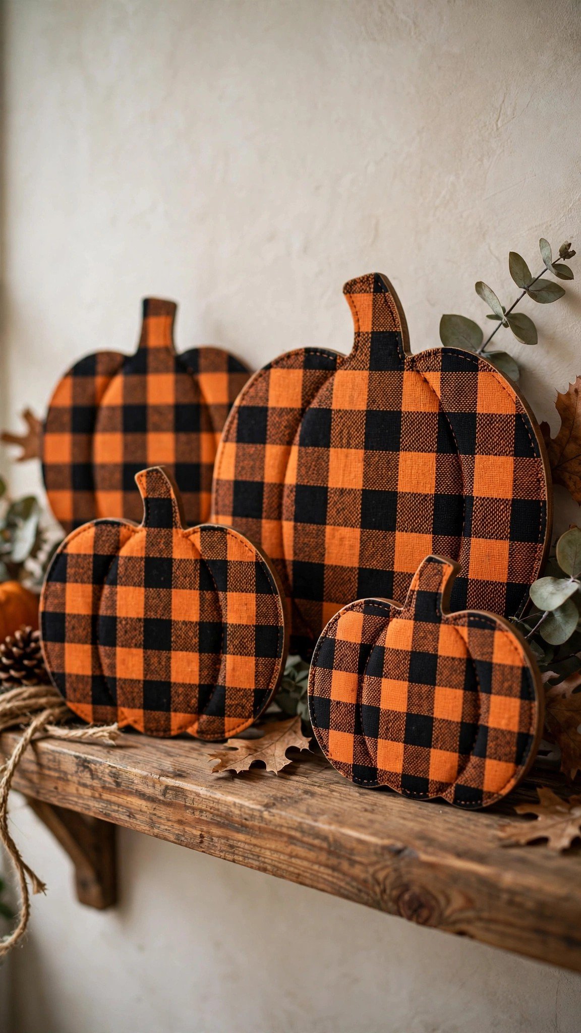 Plaid pumpkin cutouts in orange and black buffalo check pattern