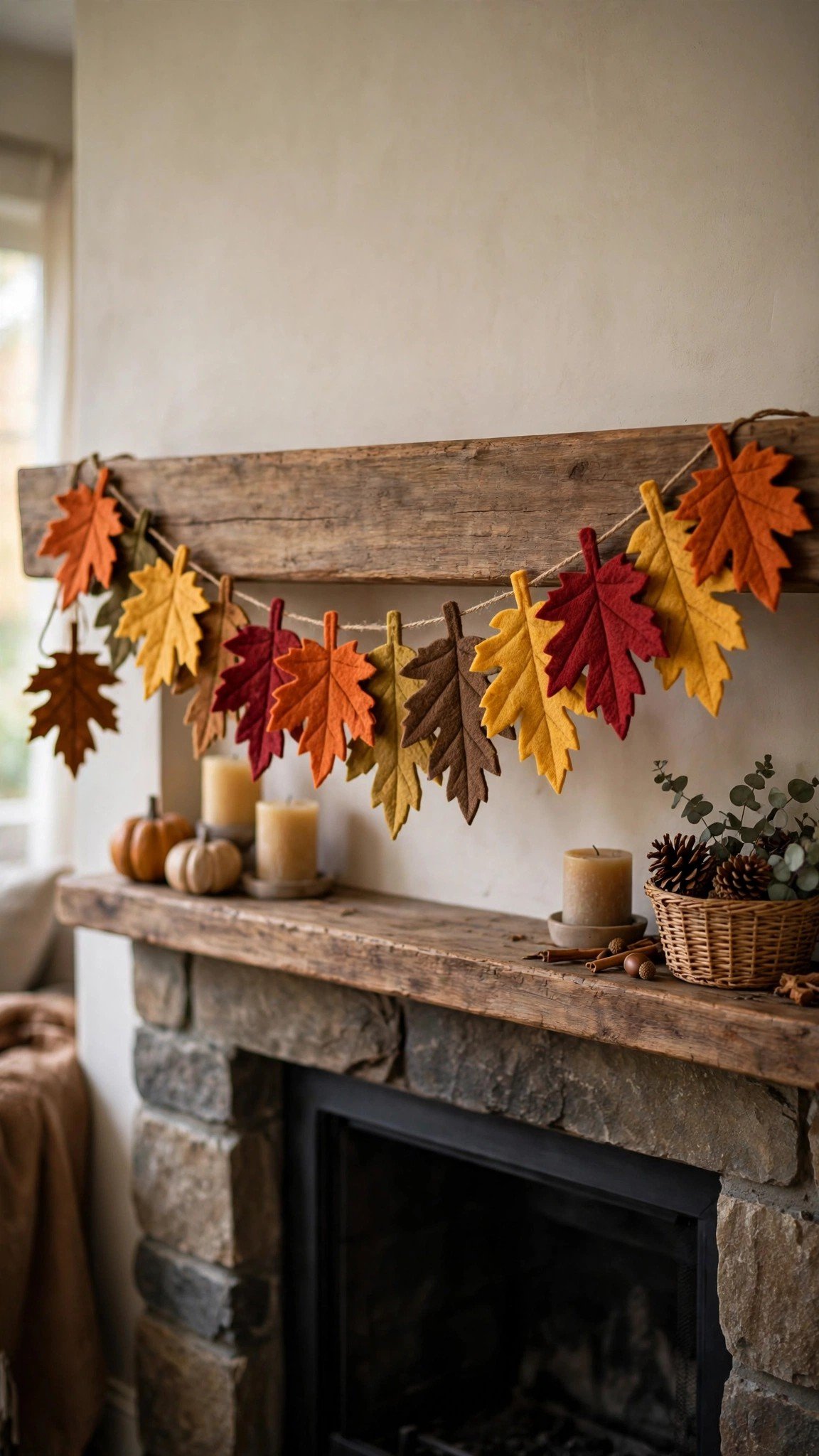 Felt leaf garland in fall colors strung across a mantel