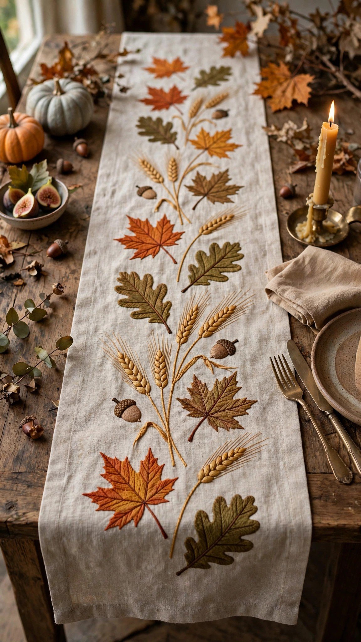 Table runner with Cricut-cut harvest leaf and wheat motifs
