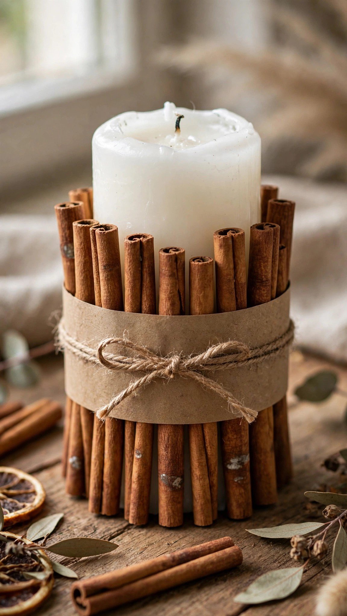 Candle wrapped with cinnamon sticks and Cricut-cut fall label