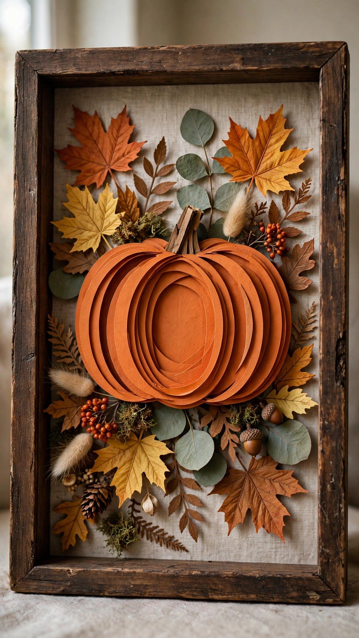 Fall shadow box with layered paper pumpkin and leaves