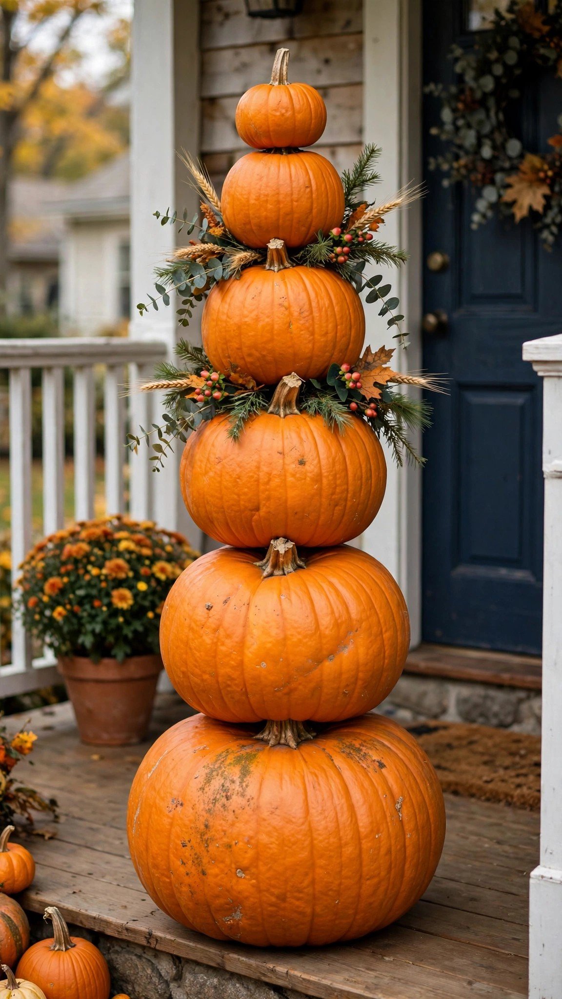 Pumpkin topiary made of stacked Cricut-cut pumpkins on a porch