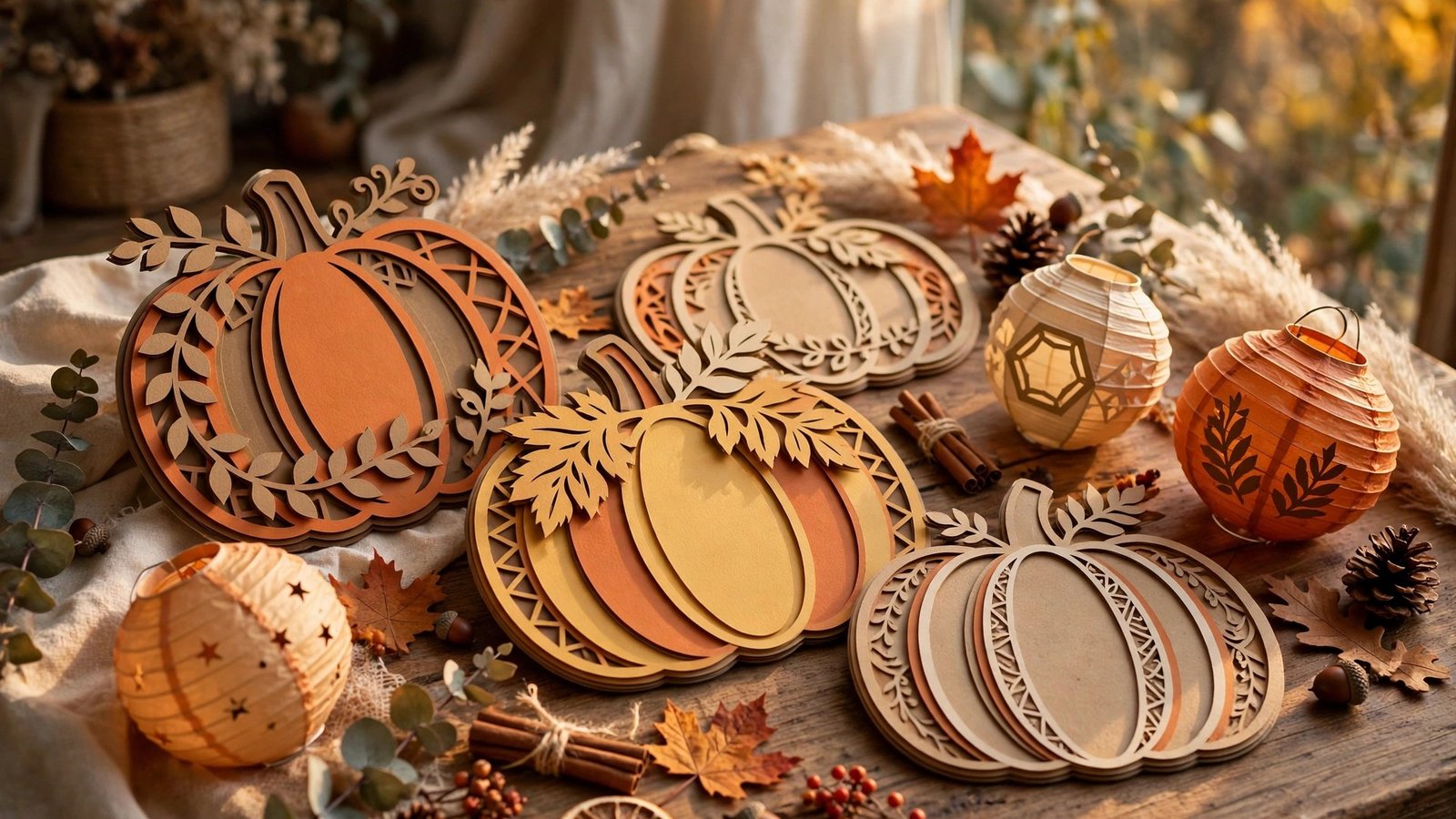 Cricut-cut fall decor pieces including layered pumpkin signs and paper lanterns