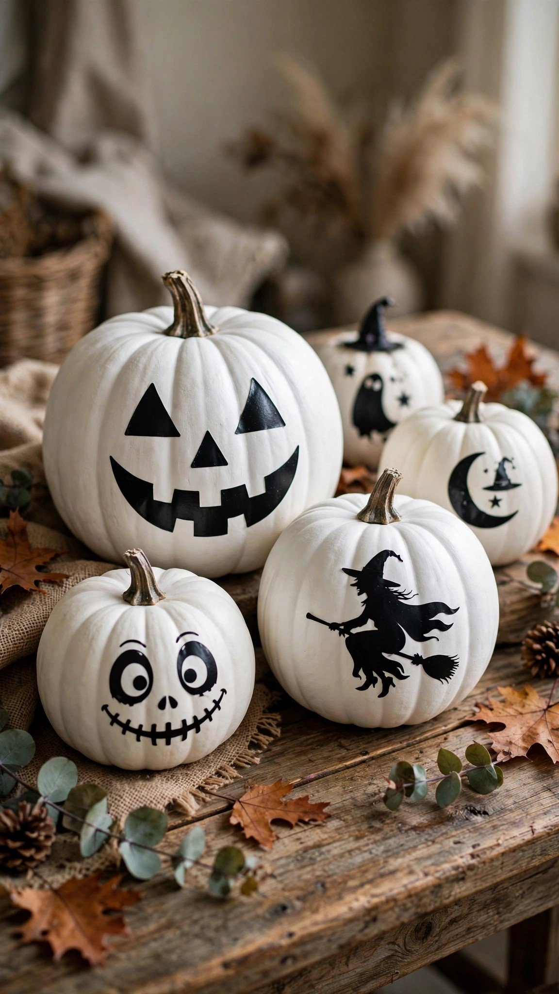 White pumpkins with black vinyl spooky face decals