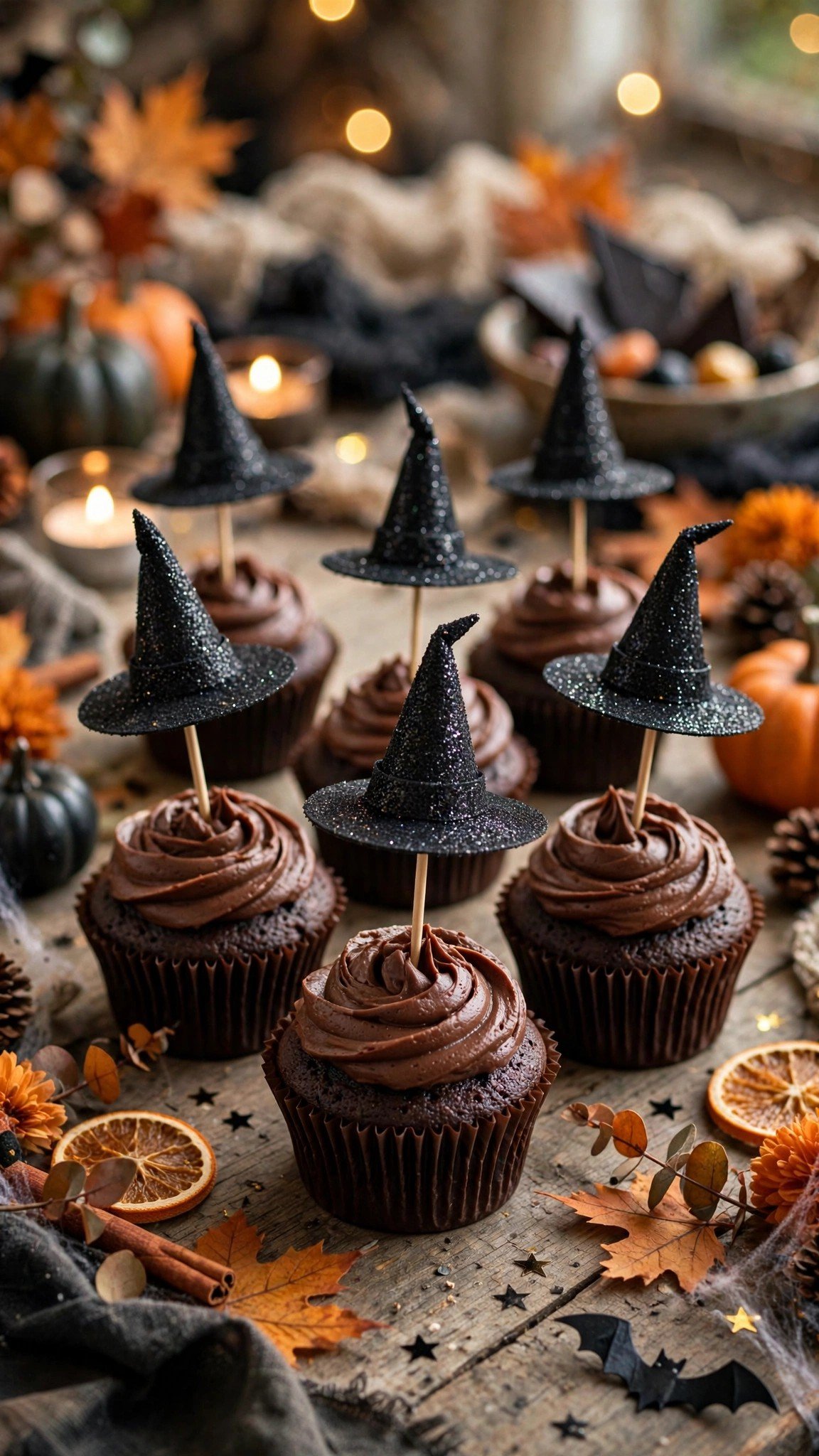 Glittery witch hat cupcake toppers on Halloween cupcakes