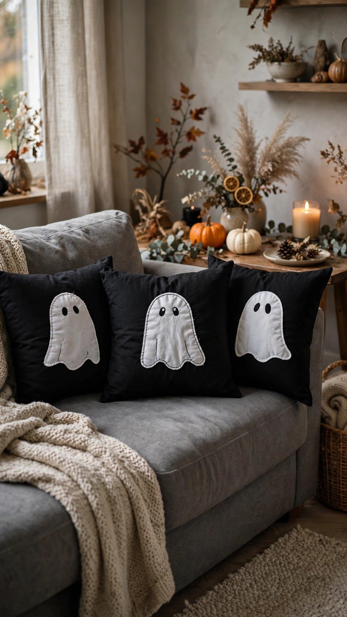 Throw pillows with iron-on ghost designs on a couch