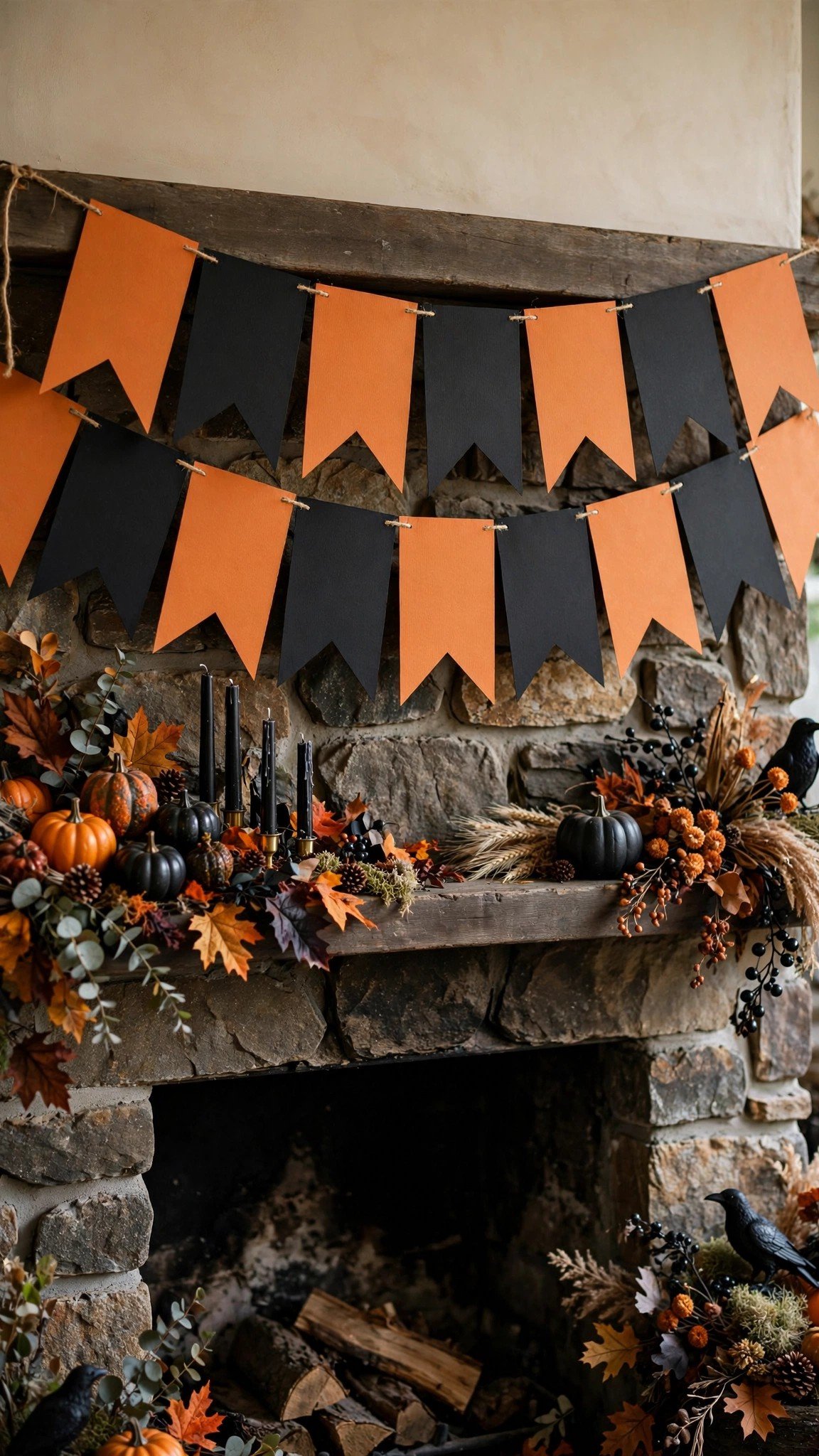 Happy Halloween cardstock banner across a mantel