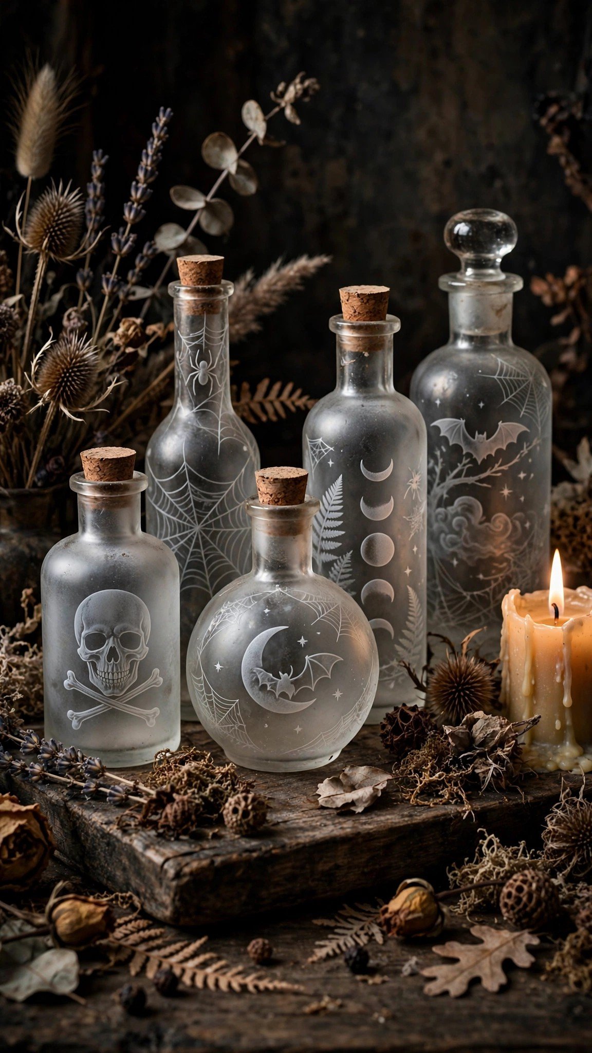 Glass potion bottles with etched Halloween labels