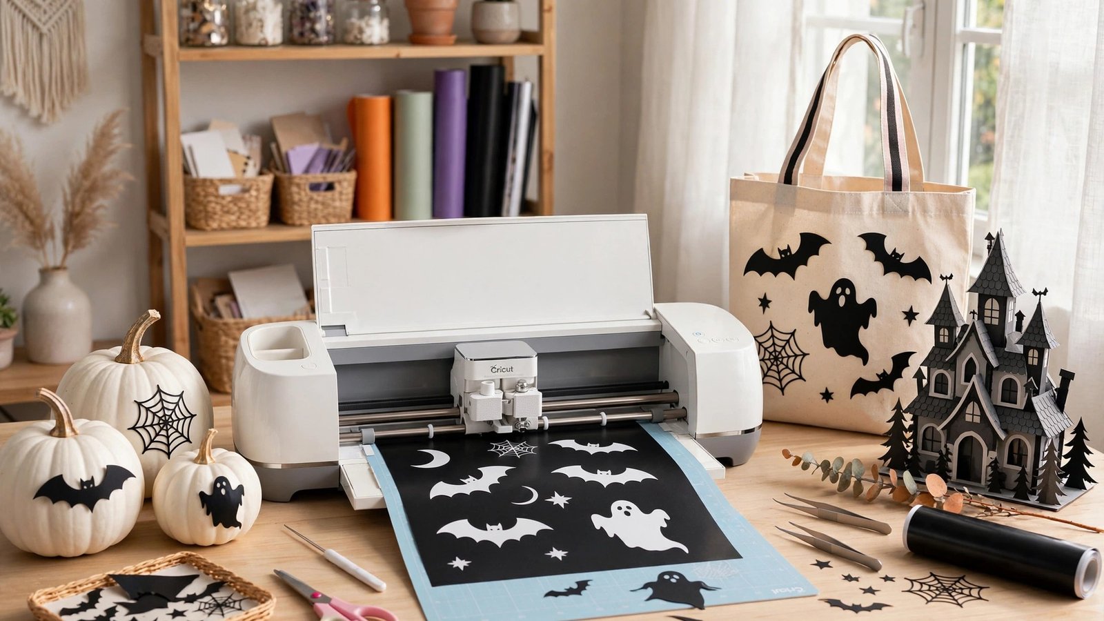 Cricut machine cutting Halloween vinyl designs with finished projects around it