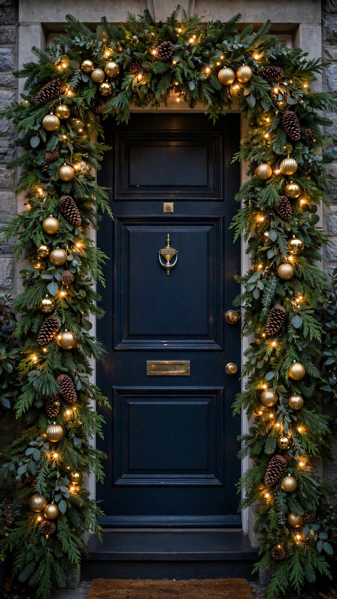 Front door framed with a lush evergreen Christmas garland