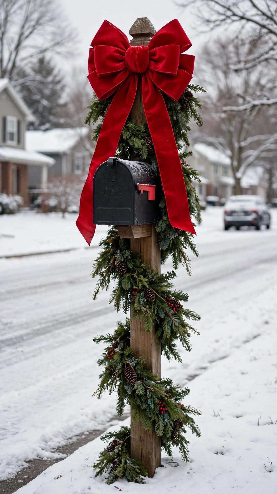 Mailbox wrapped with a giant red Christmas bow and garland