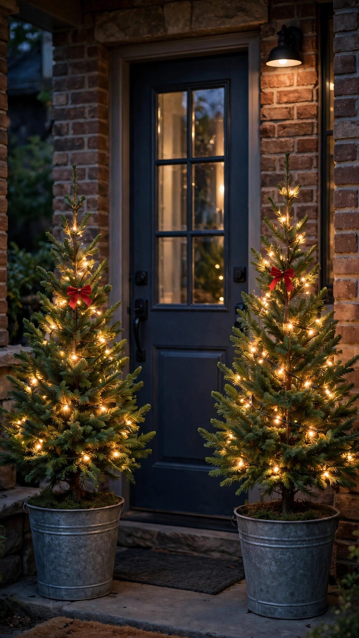 Two mini evergreen trees with twinkle lights flanking a front door