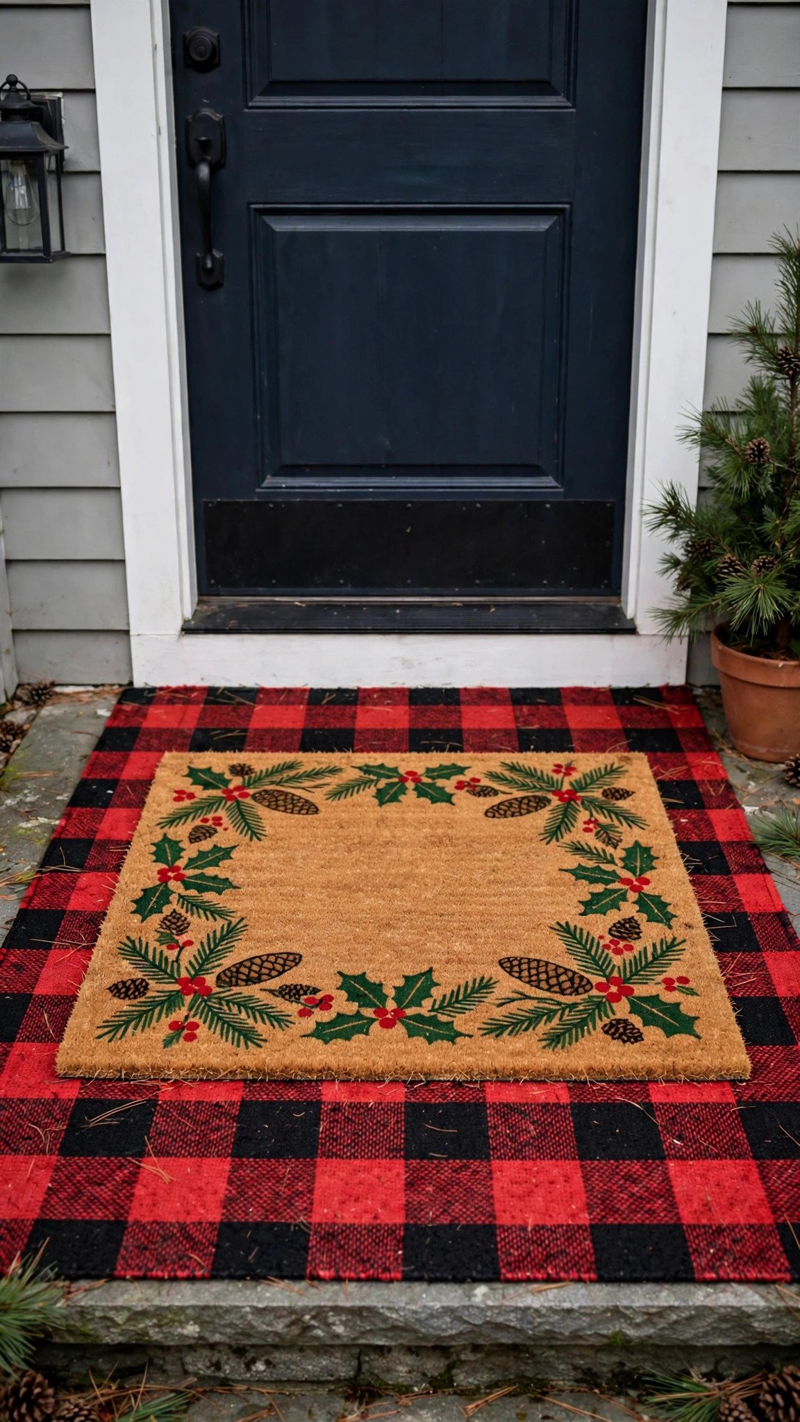 Layered Christmas doormats with a plaid rug underneath on a front porch