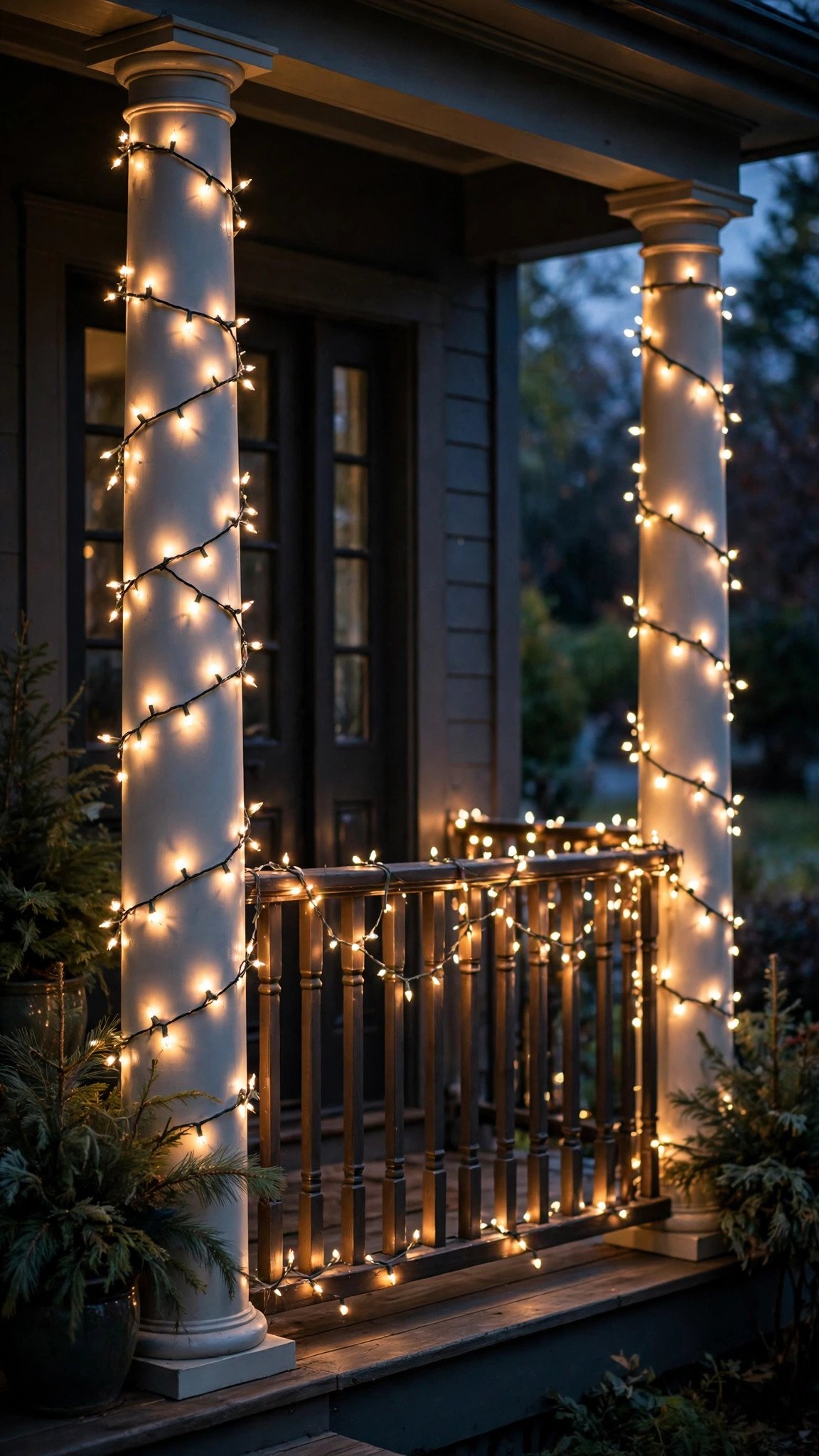 Front porch railing and columns wrapped in warm white Christmas lights