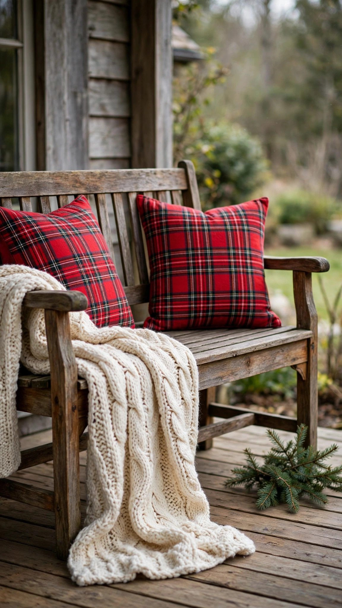Porch bench styled with plaid pillows and a cozy knit throw for Christmas