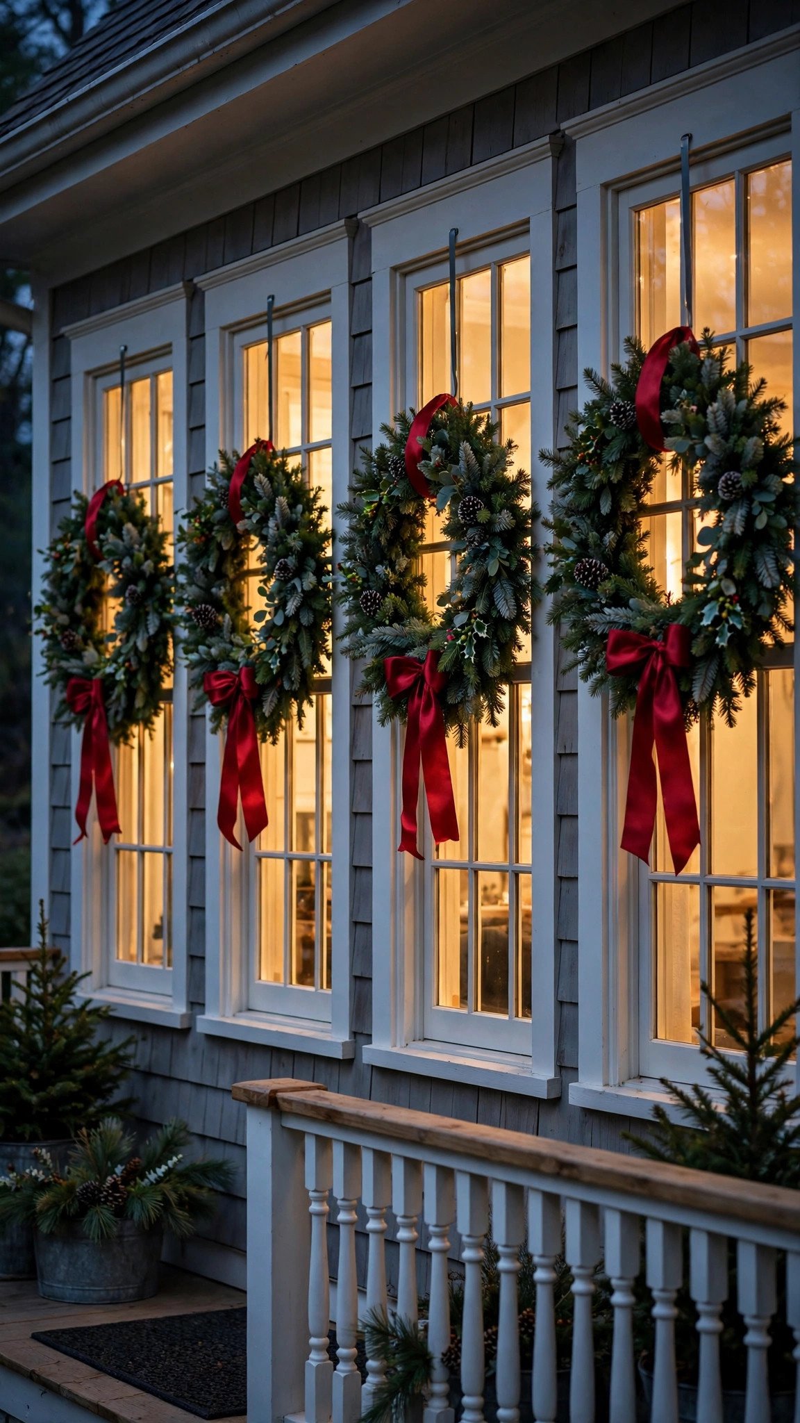 Front porch windows decorated with matching Christmas wreaths