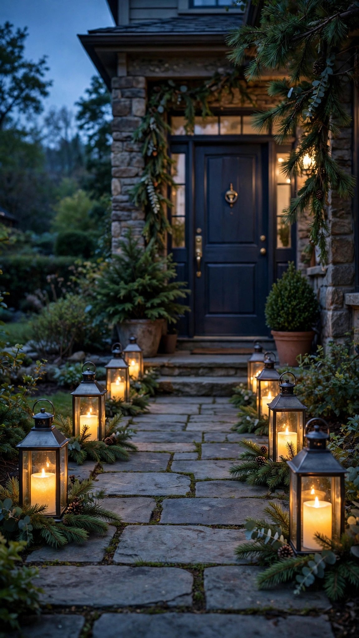 Walkway leading to a front door lined with glowing Christmas lanterns