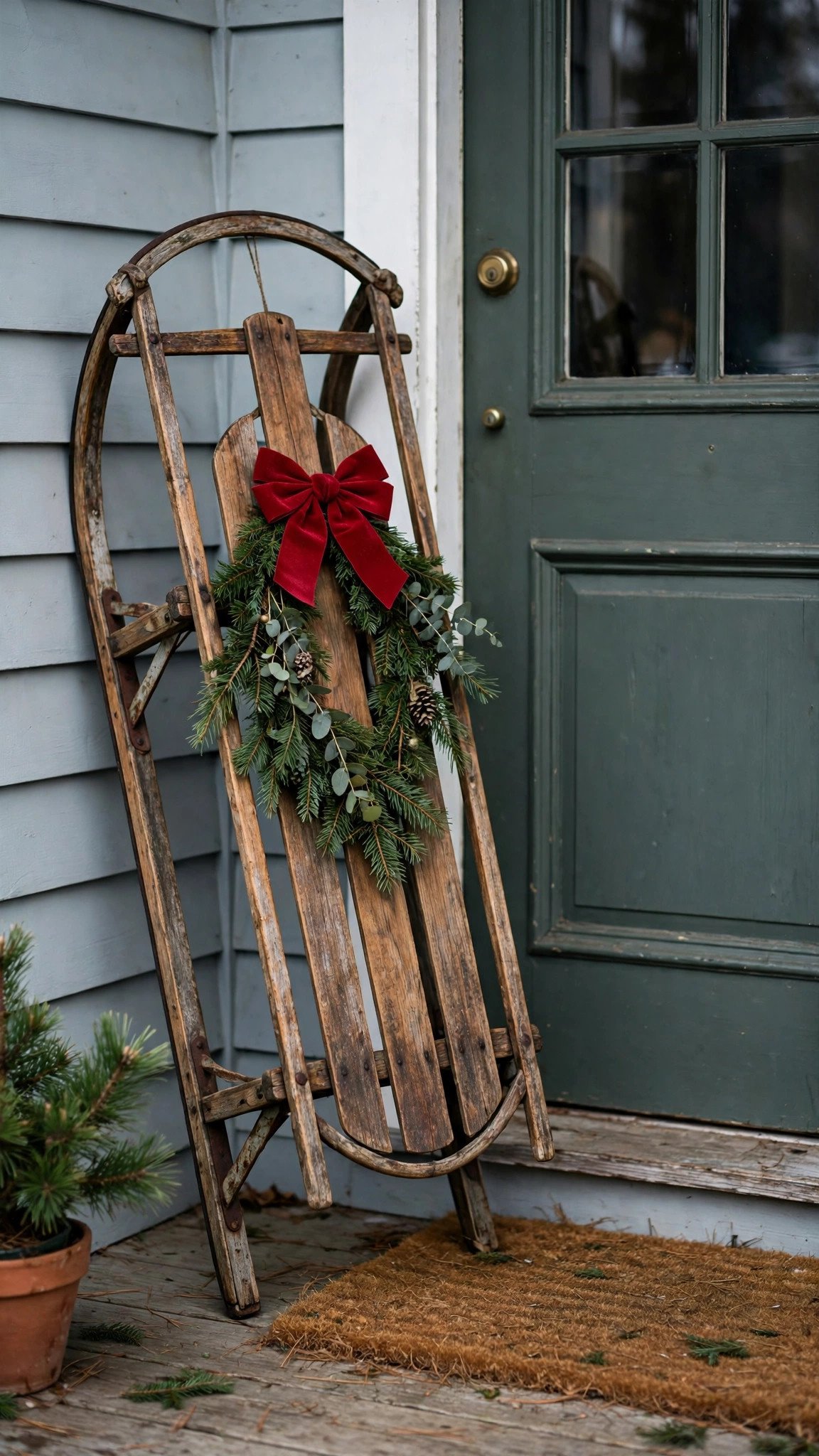 Vintage wooden sled decorated with greenery leaning by a front door