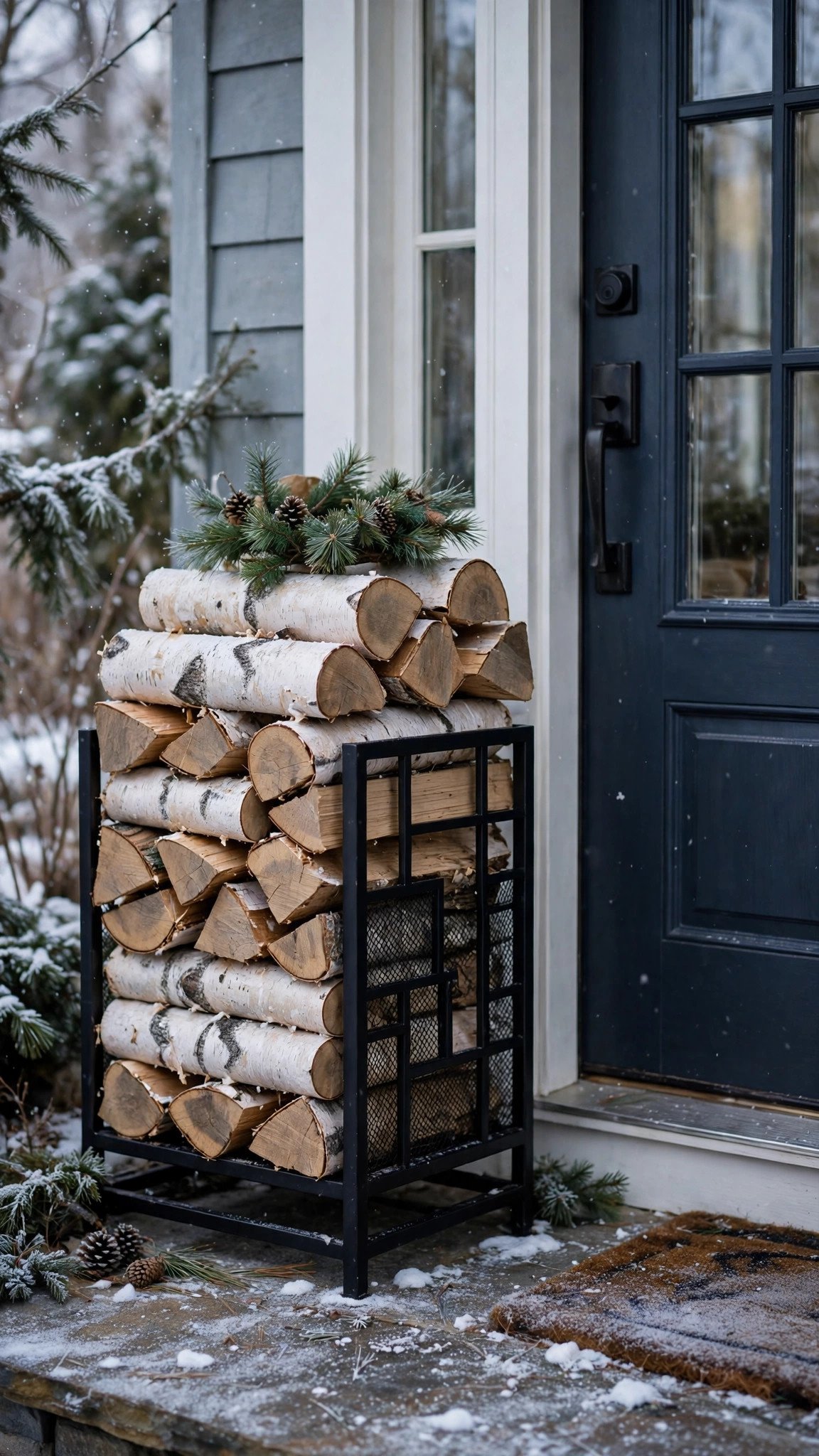 Neatly stacked firewood and birch logs styled as a Christmas porch display