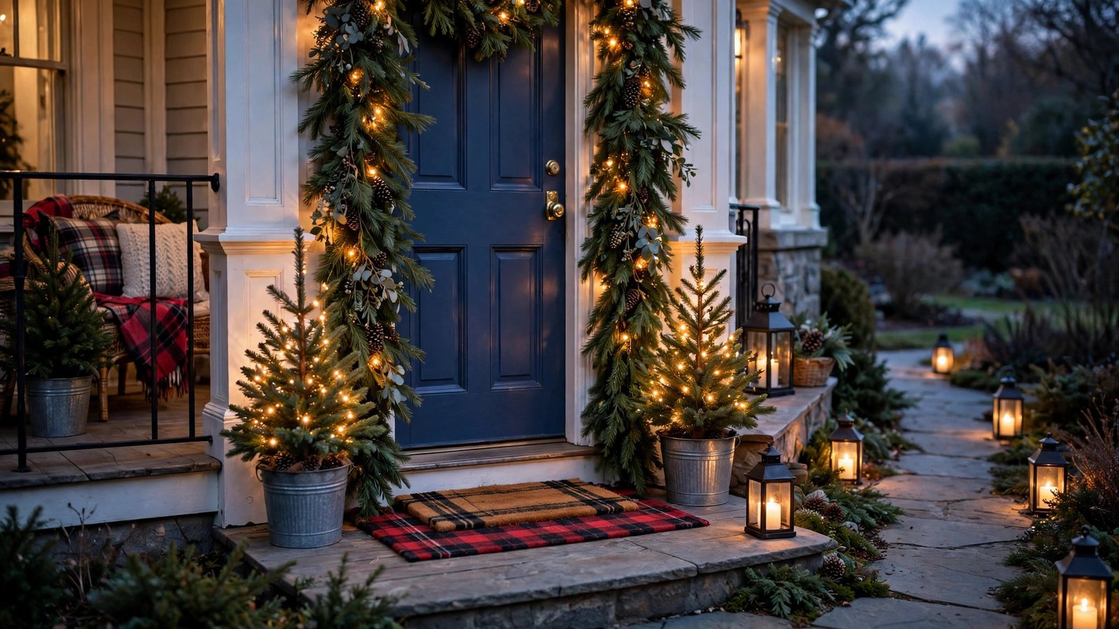 Christmas front porch decorated with garland, mini trees and lanterns